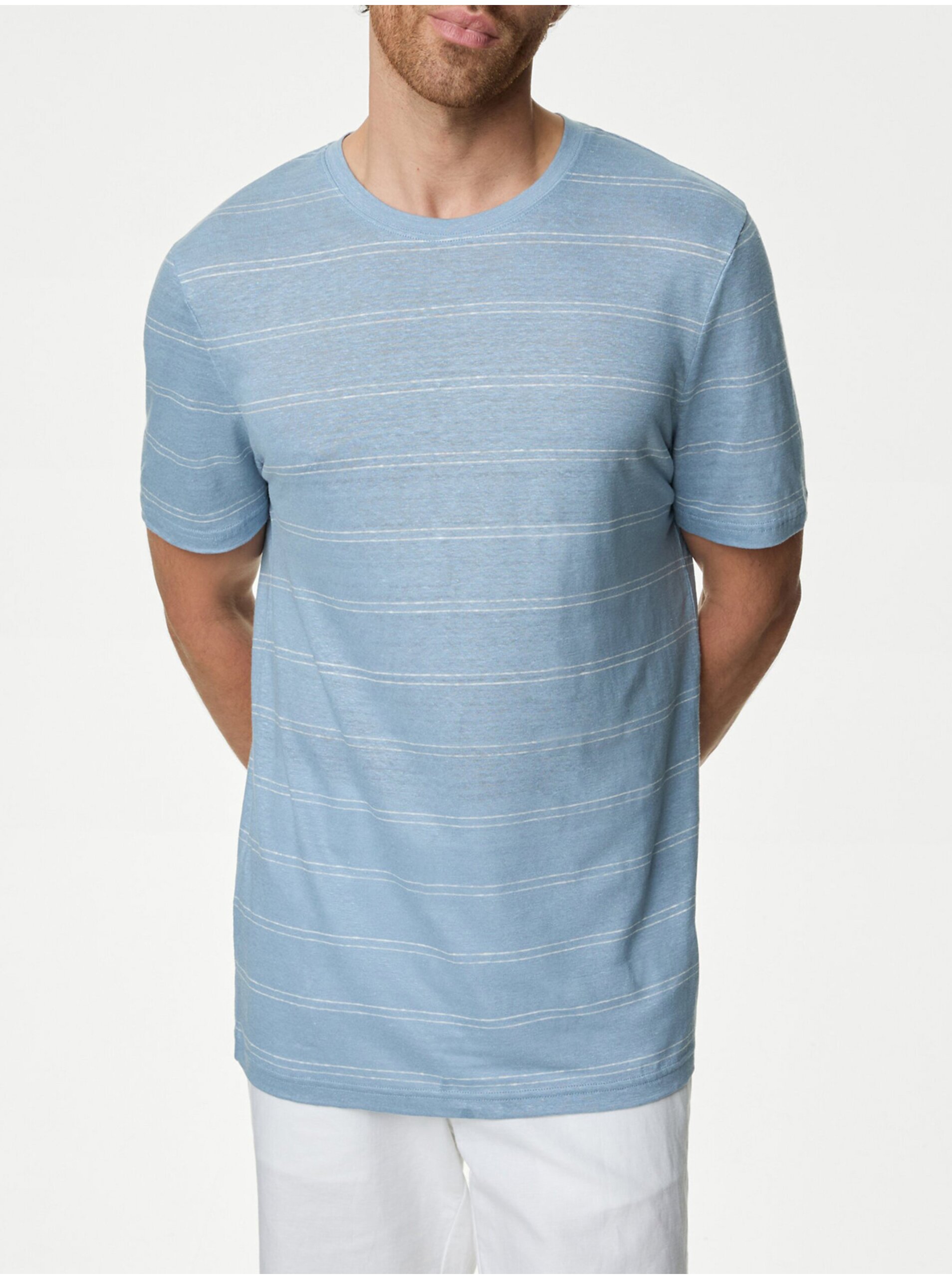 Levně Světle modré pánské lněné pruhované tričko Marks & Spencer
