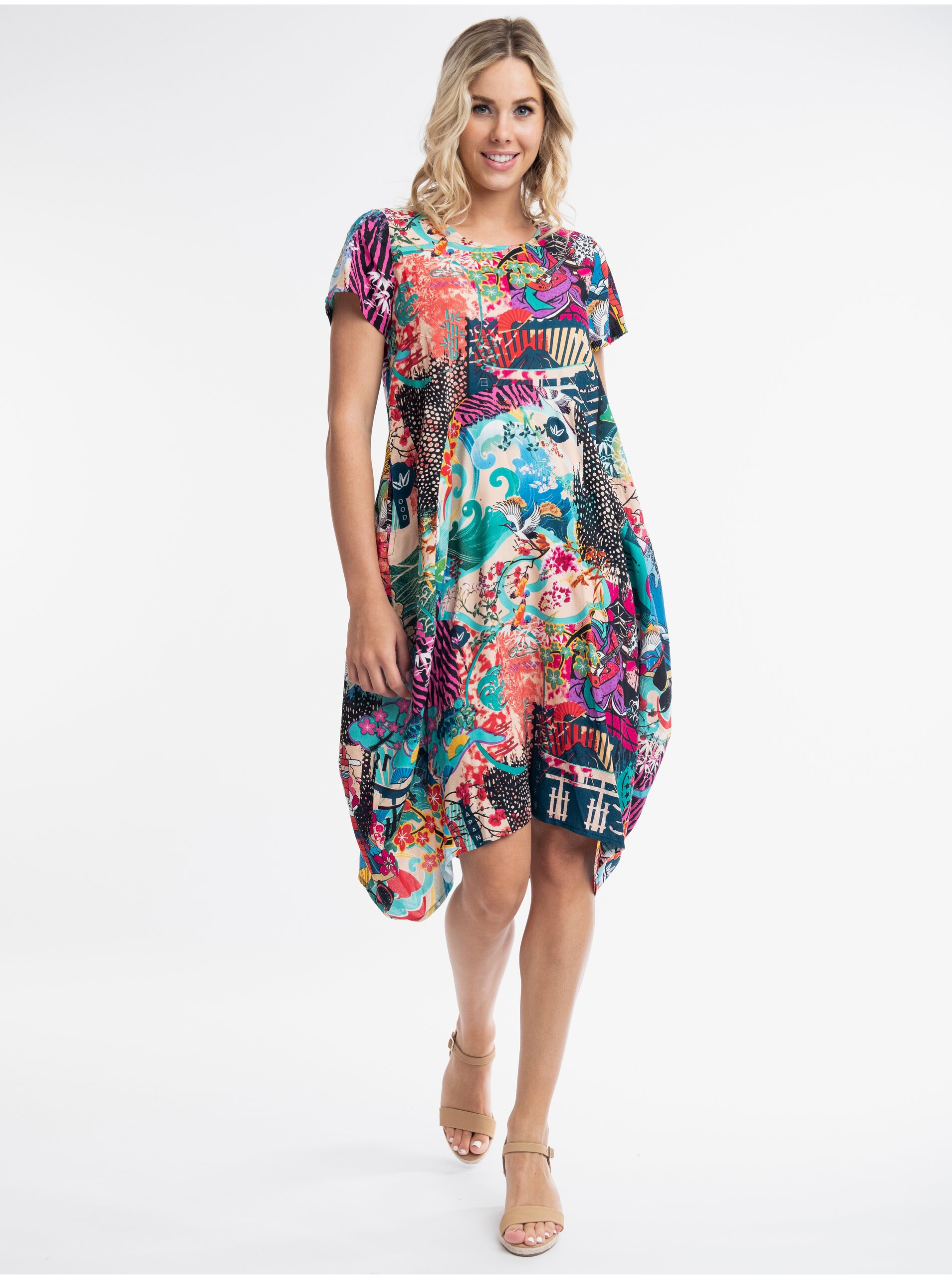 E-shop Tyrkysovo-fialové dámske vzorované šaty Orientique Onikawa