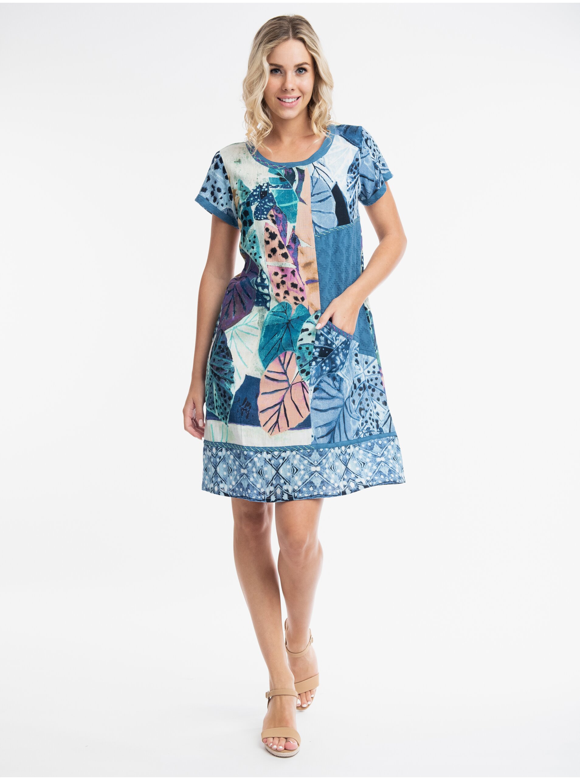 Levně Modré dámské vzorované šaty s příměsí lnu Orientique Agios