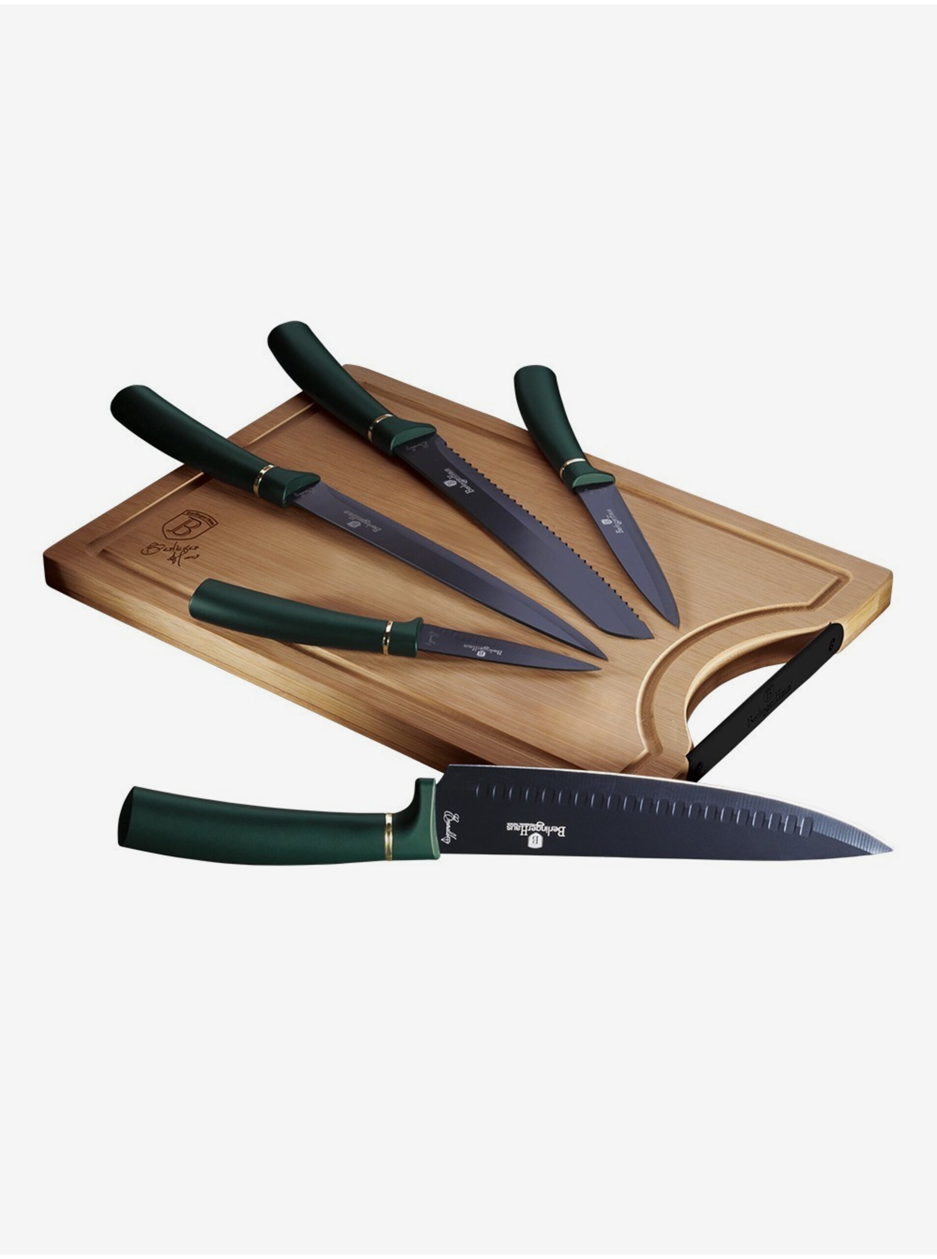 Levně Sada pěti nožů s nepřilnavým povrchem + prkénko BERLINGERHAUS Emerald Collection