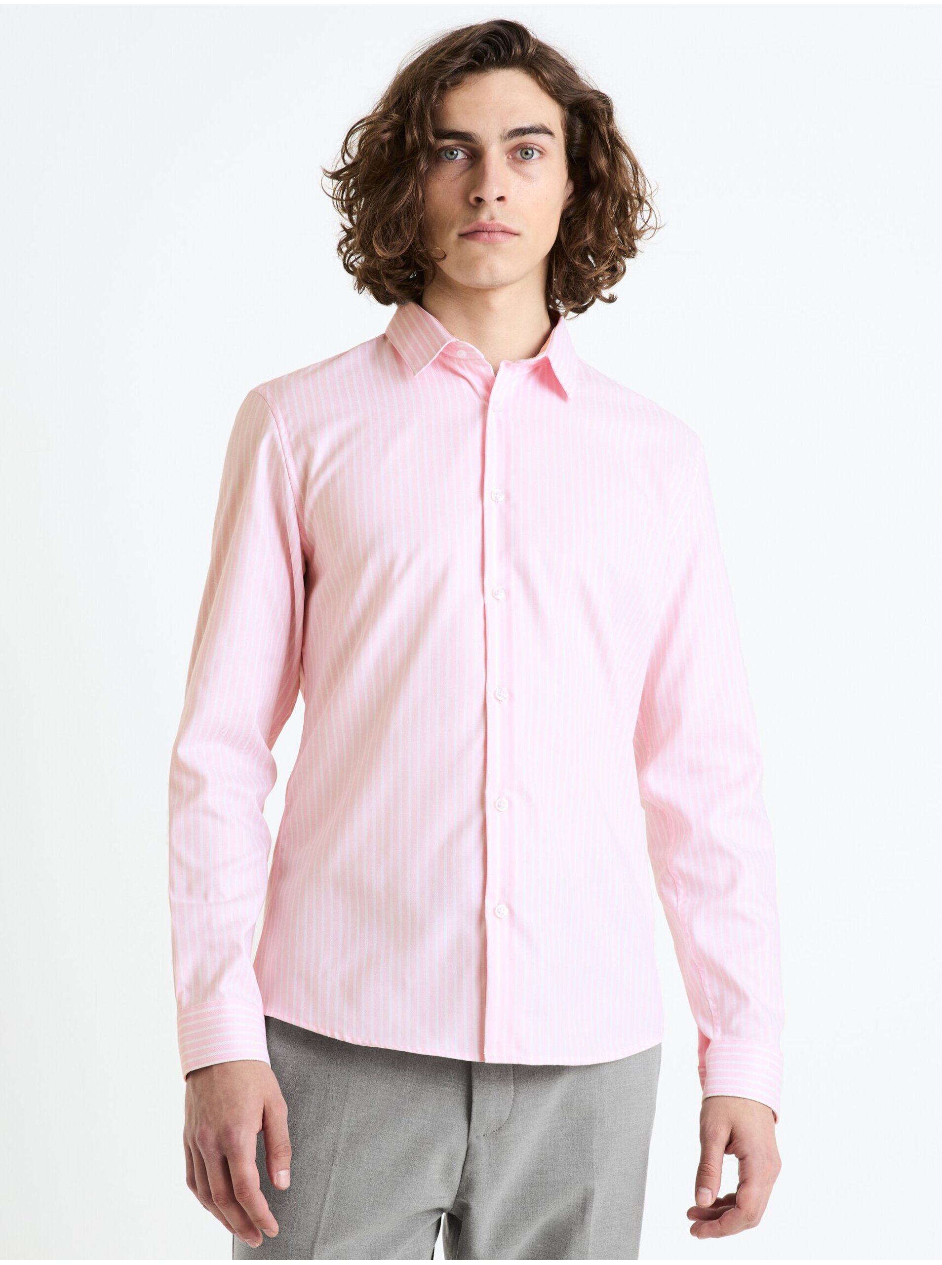 Levně Růžová pánská pruhovaná slim fit košile Celio Fasanure