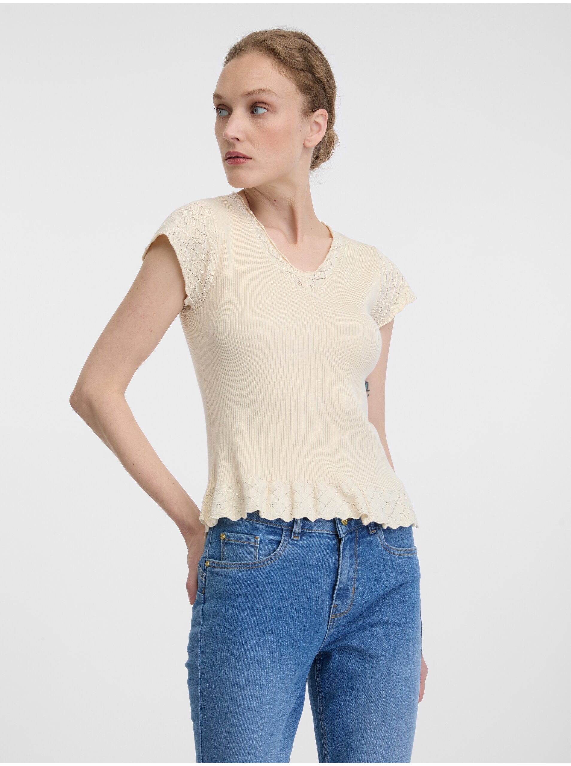 Levně Béžové dámské tričko s krátkým rukávem ORSAY