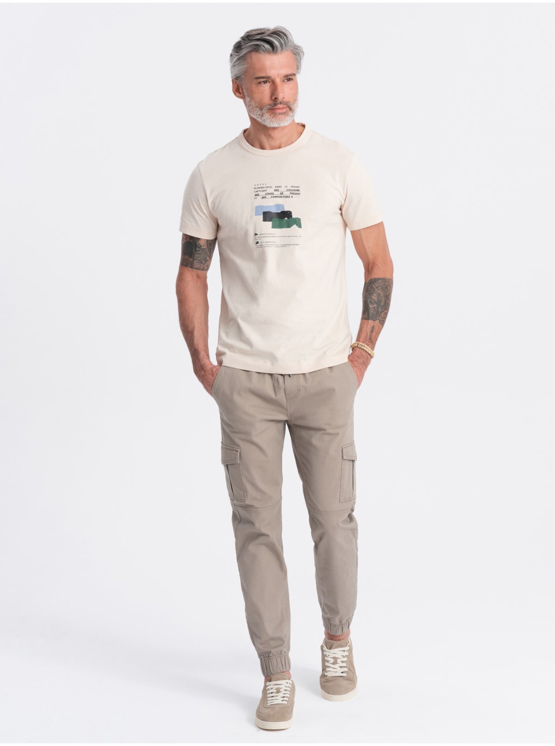 Levně Béžové pánské cargo jogger kalhoty Ombre Clothing