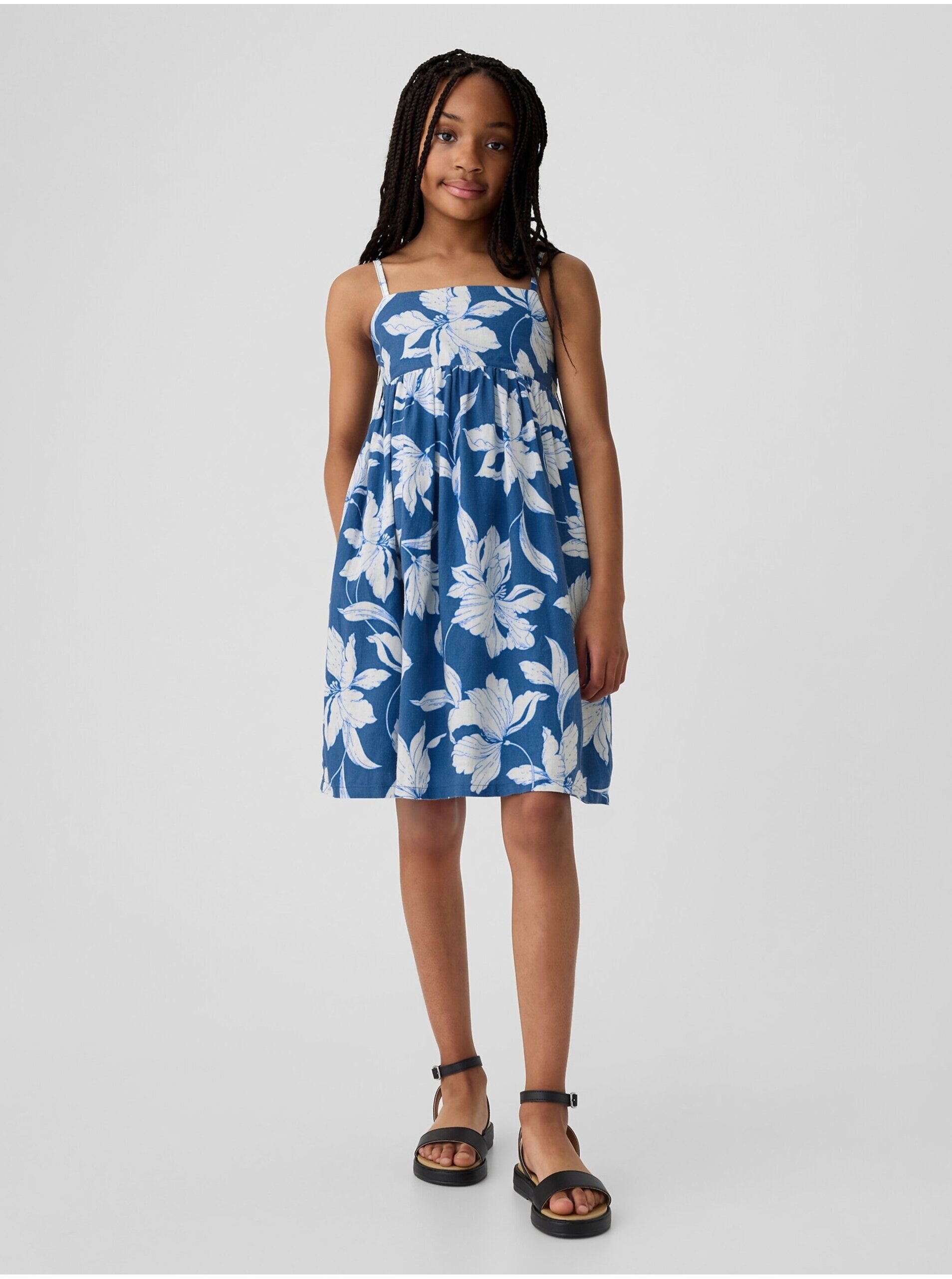 Levně Modré holčičí květované lněné šaty GAP