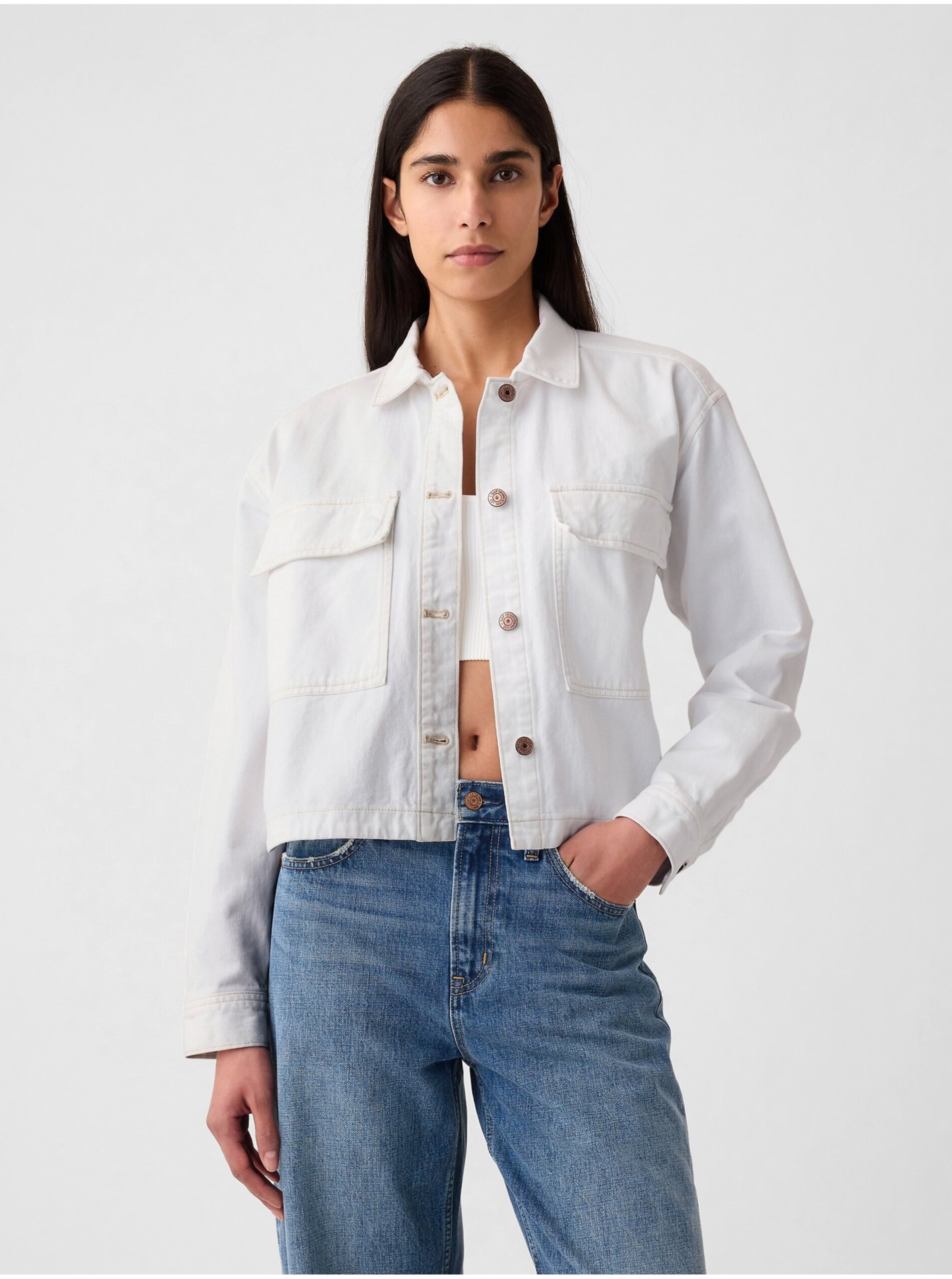 Lacno Biela dámska džínsová bunda GAP