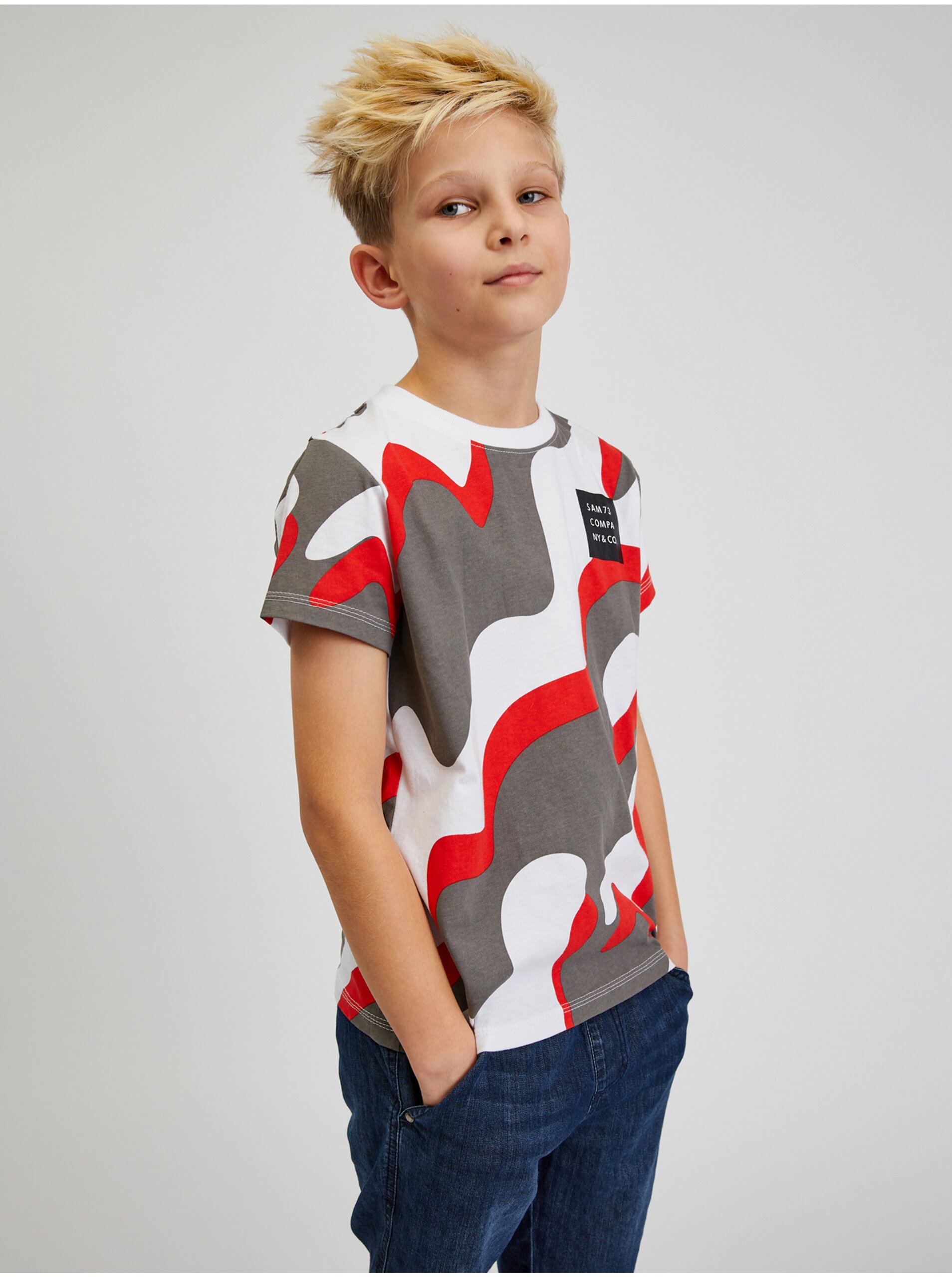 Lacno Šedo-červené chlapčenské vzorované tričko SAM 73 Oscar