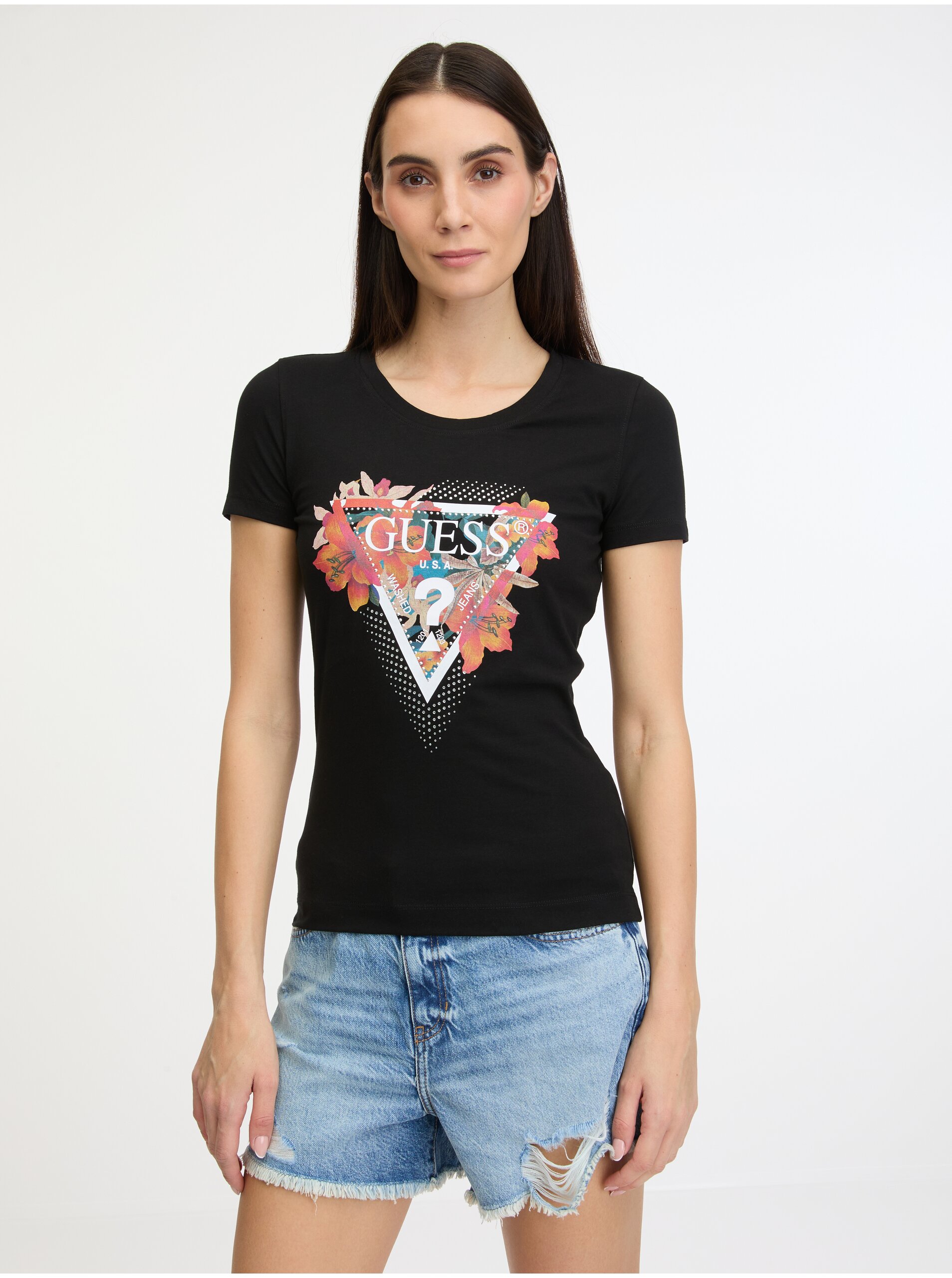 Levně Černé dámské tričko Guess Tropical Triangle