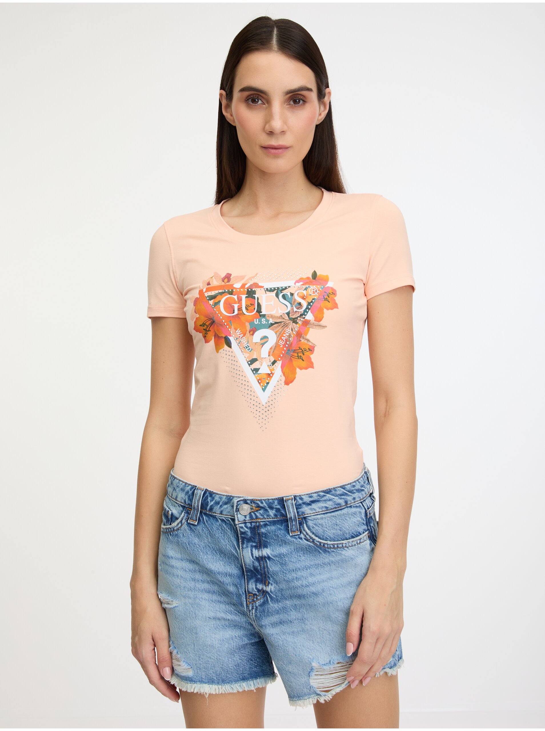 Lacno Marhuľové dámske tričko Guess Tropical Triangle