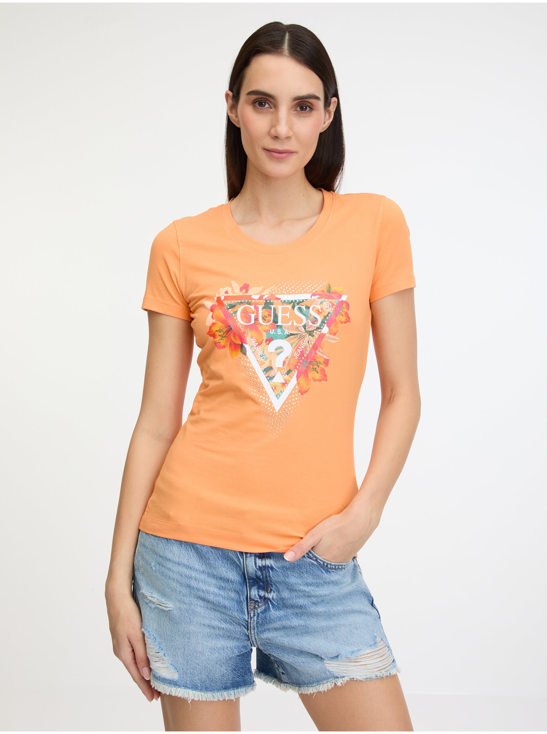 Lacno Oranžové dámske tričko Guess Tropical Triangle