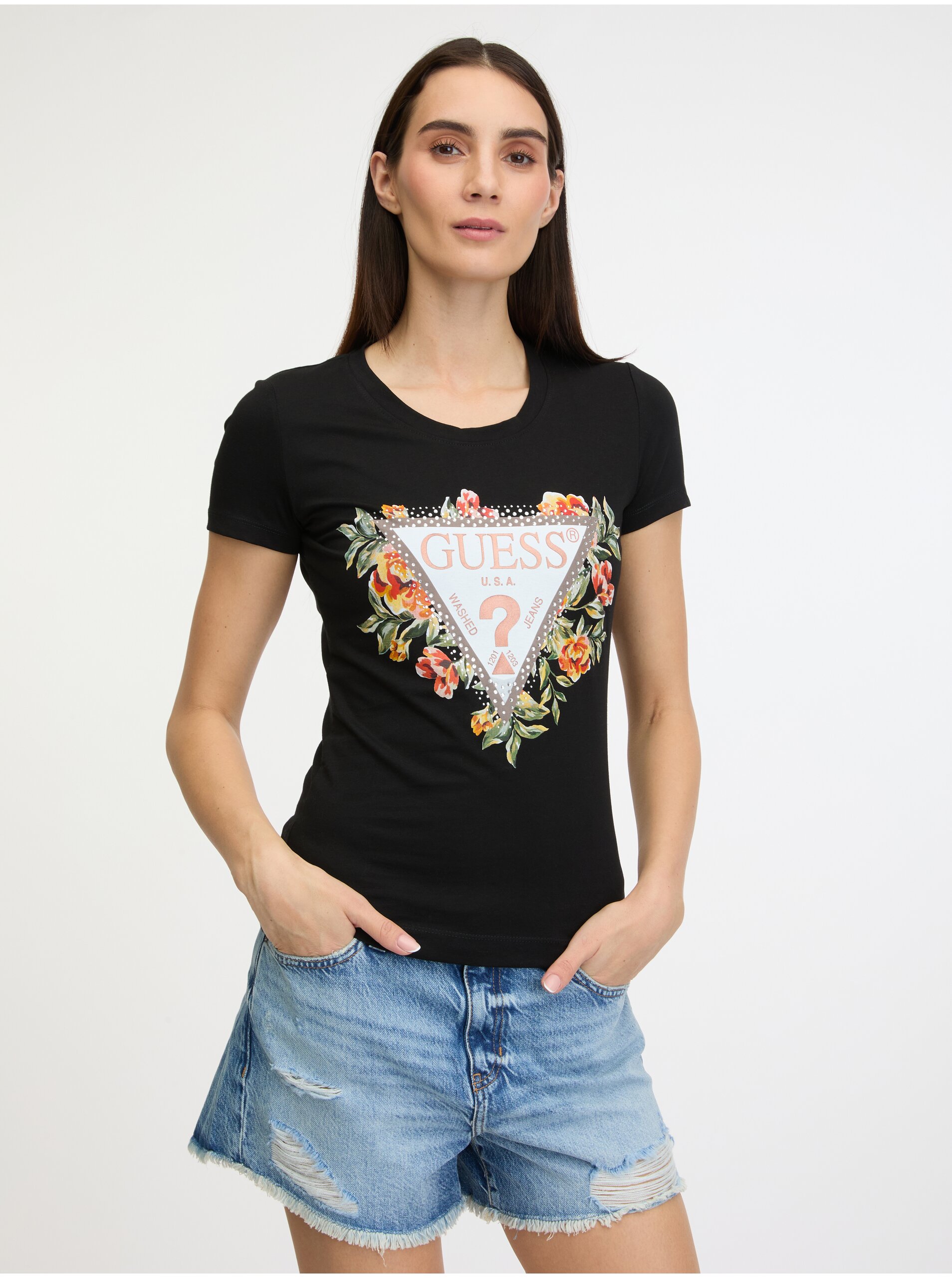 Levně Černé dámské tričko Guess Triangle Flowers