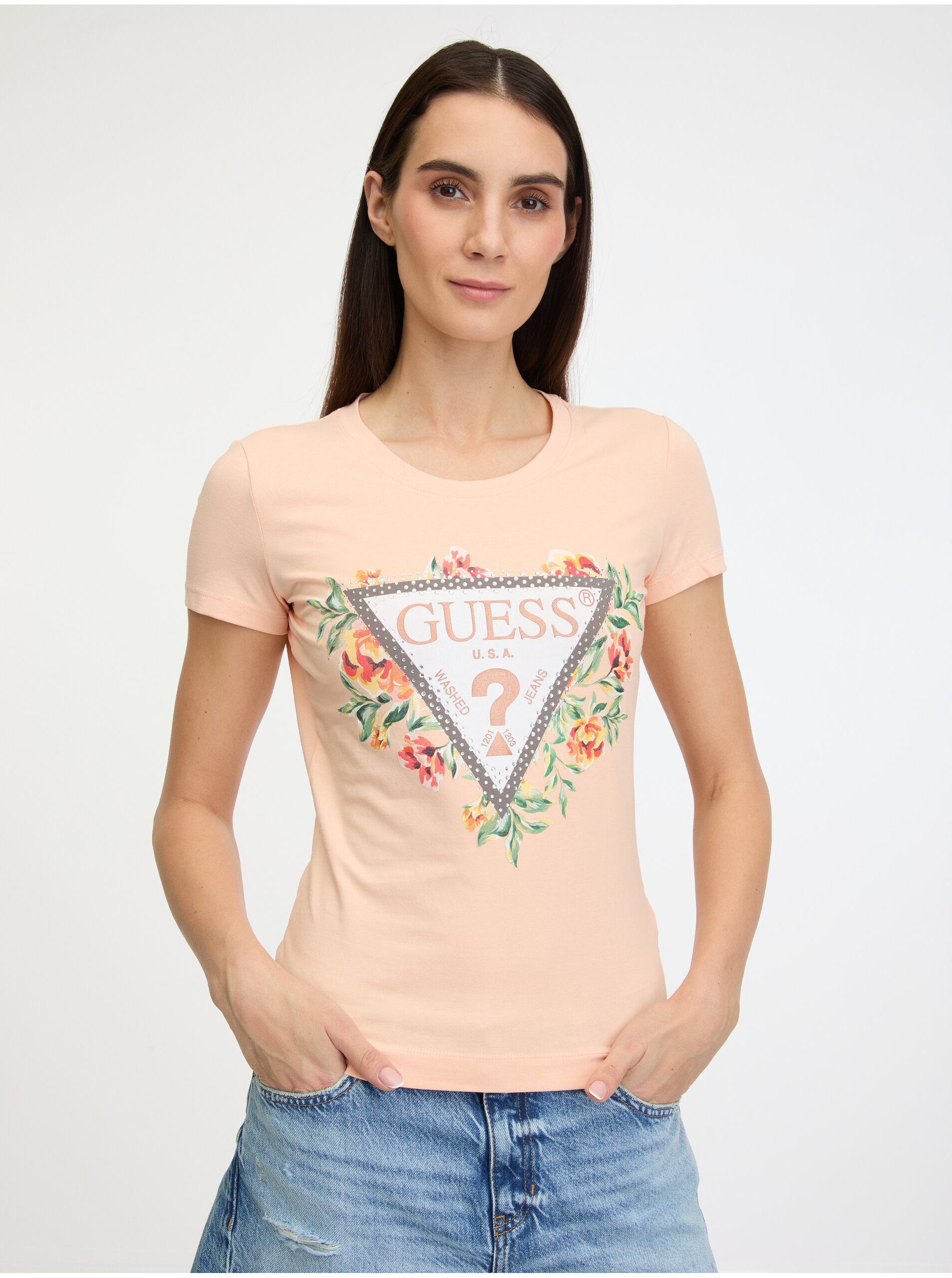 Levně Meruňkové dámské tričko Guess Triangle Flowers