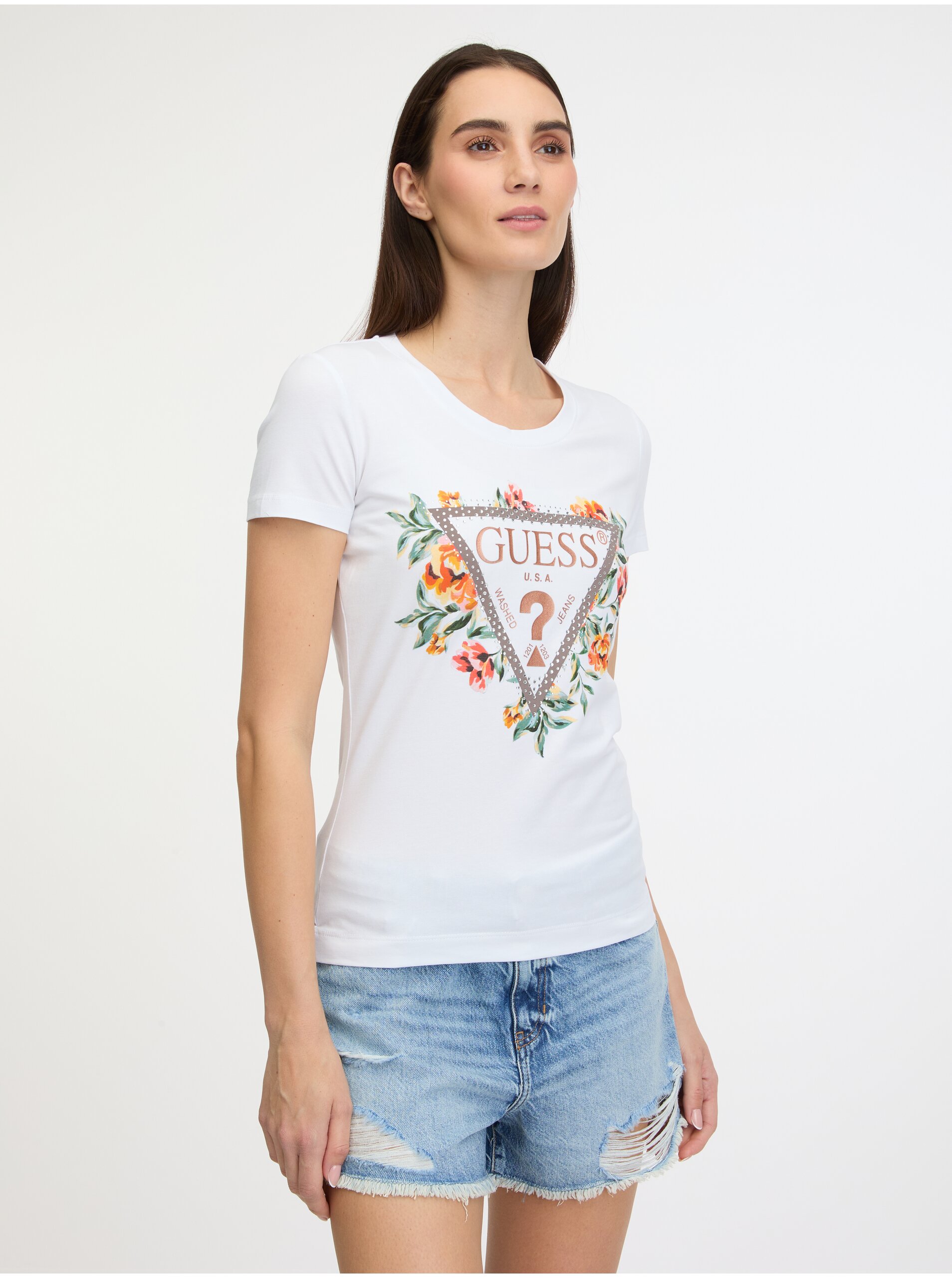 Levně Bílé dámské tričko Guess Triangle Flowers