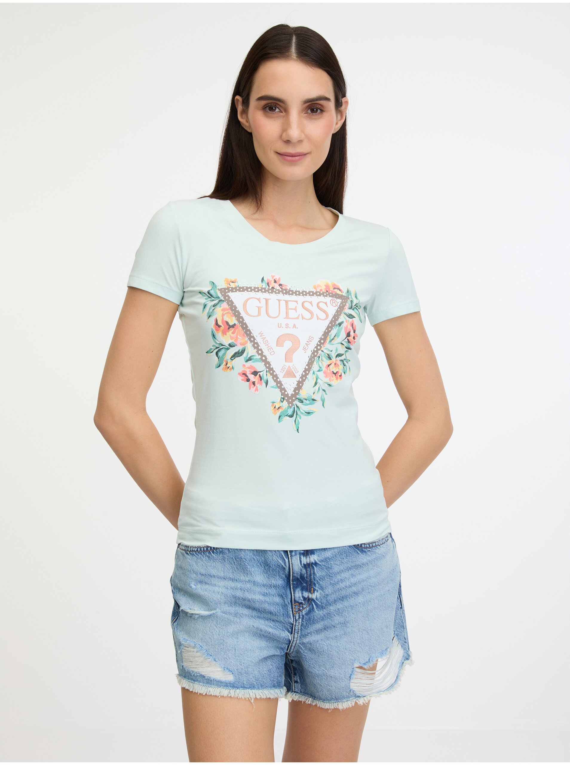 Levně Dámské tričko v mentolové barvě Guess Triangle Flowers