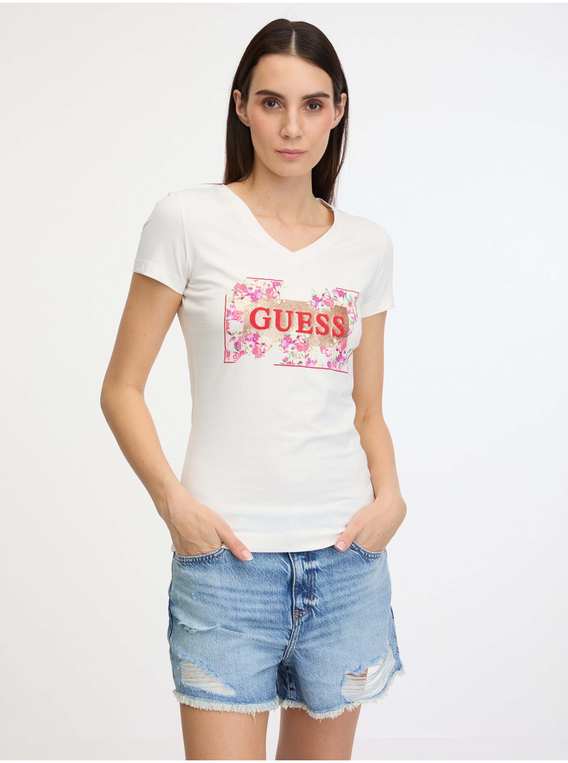 Levně Krémové dámské tričko Guess Logo Flowers