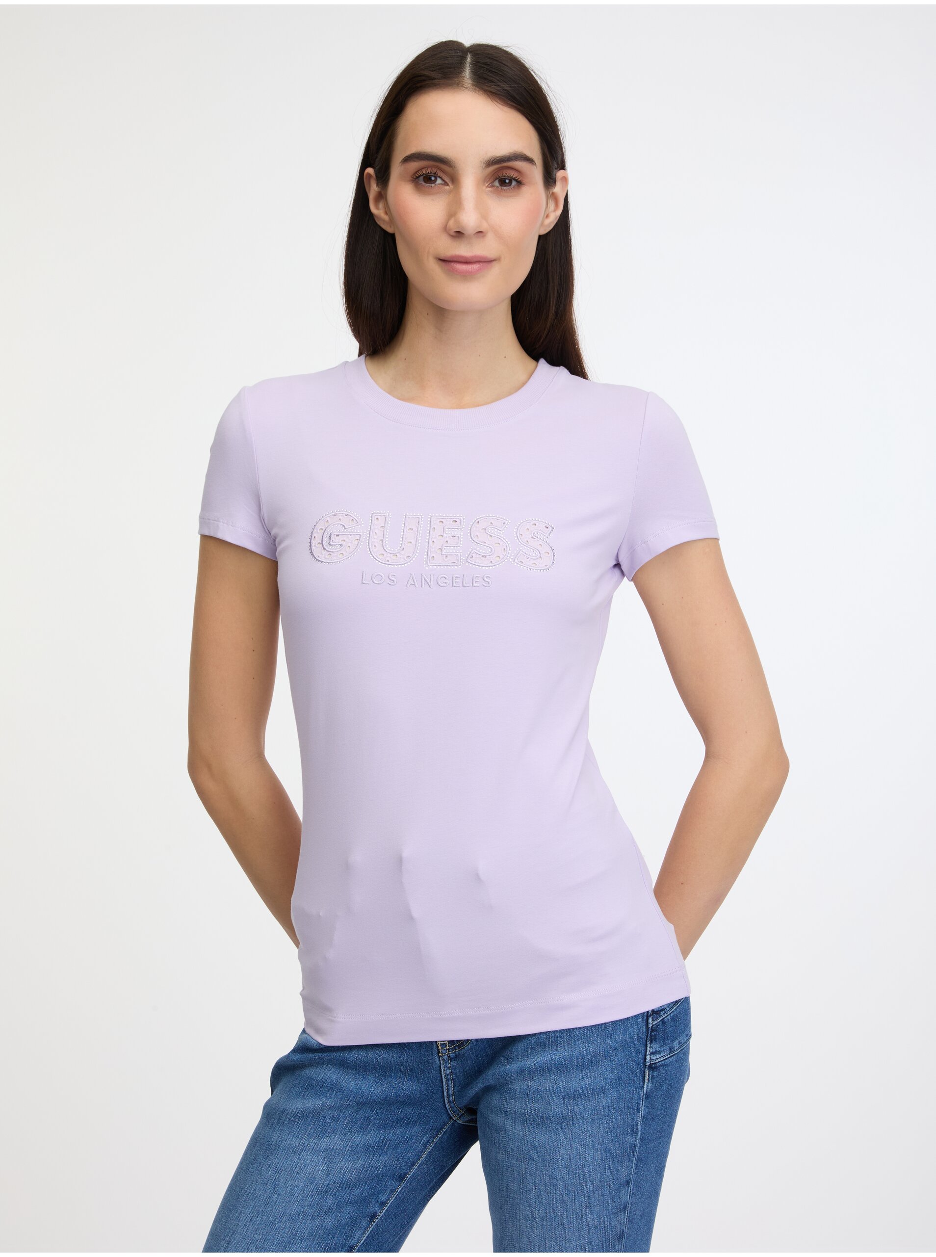 Levně Světle fialové dámské tričko Guess Sangallo