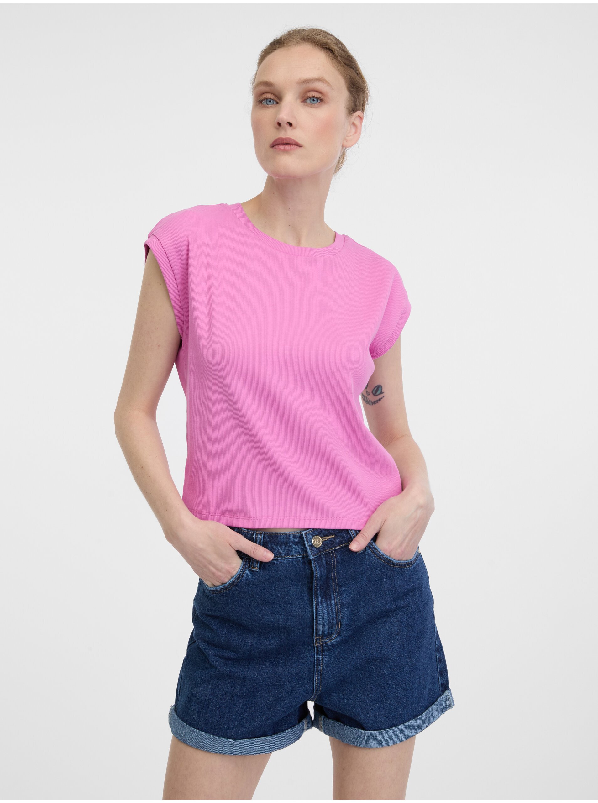 Levně Růžové dámské crop tričko s krátkým rukávem ORSAY