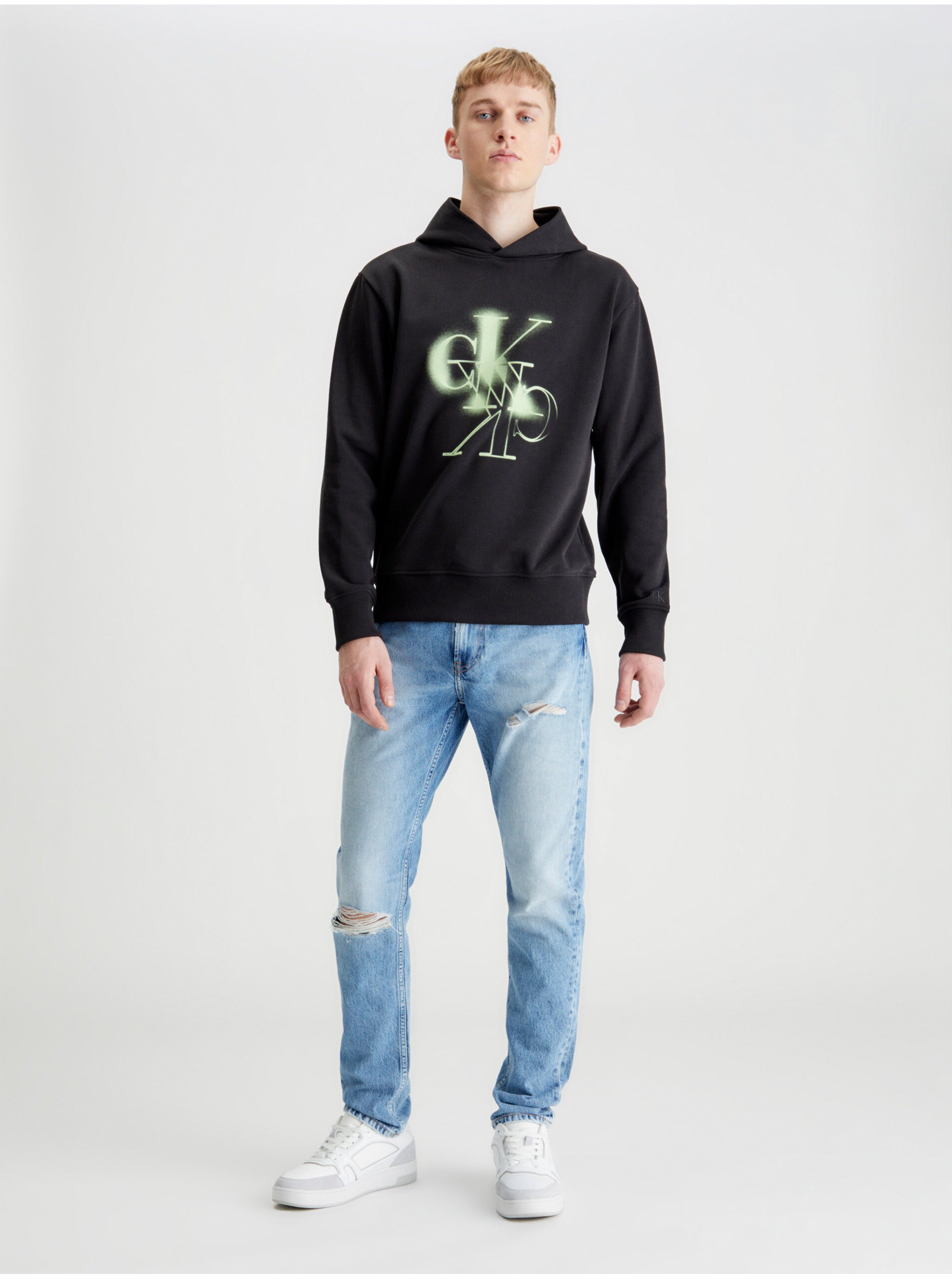 Levně Černá pánská mikina Calvin Klein Jeans Mirrored CK Logo Hoodie