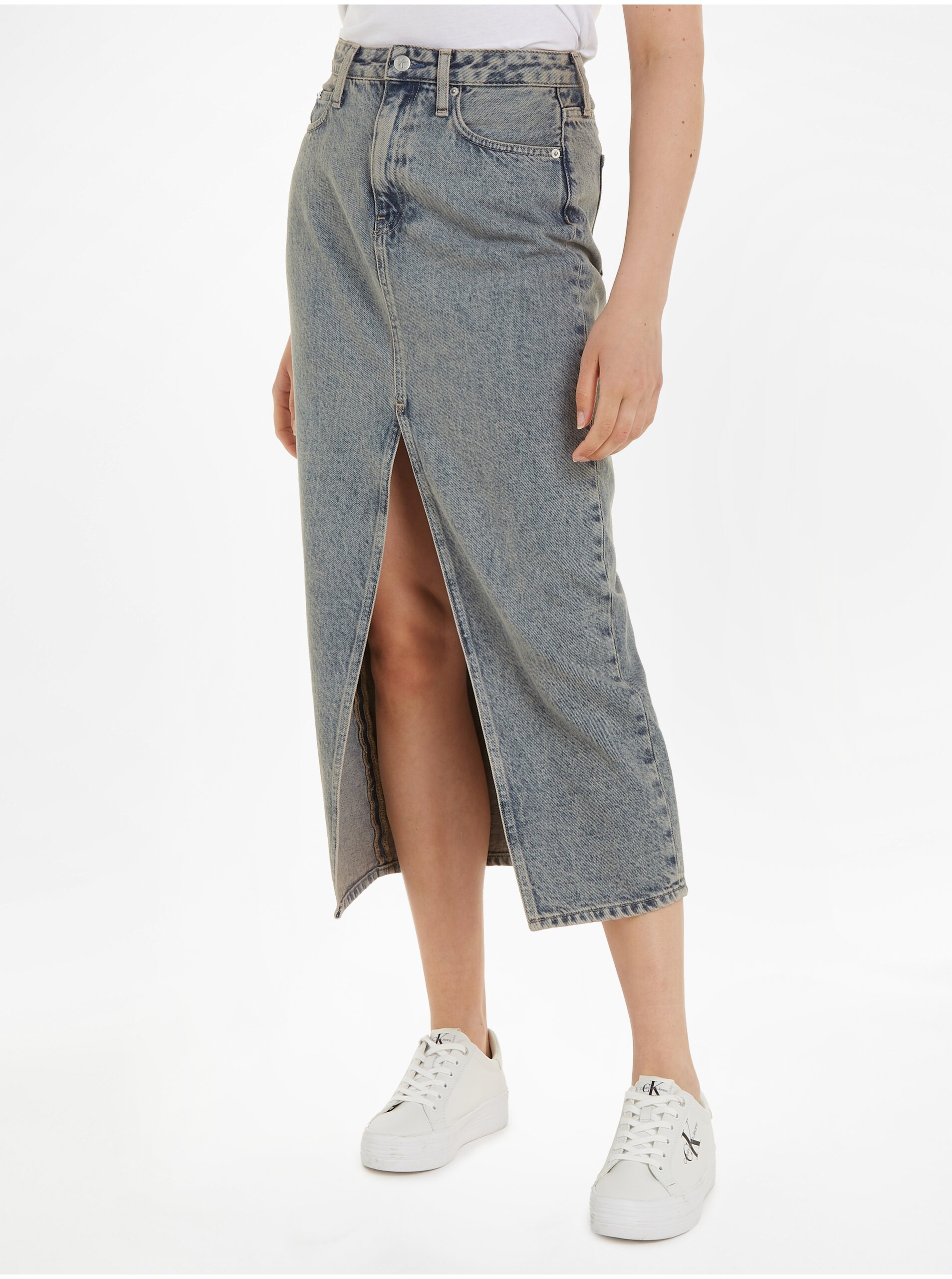 Levně Modrá dámská džínová midi sukně Calvin Klein Jeans Front Split