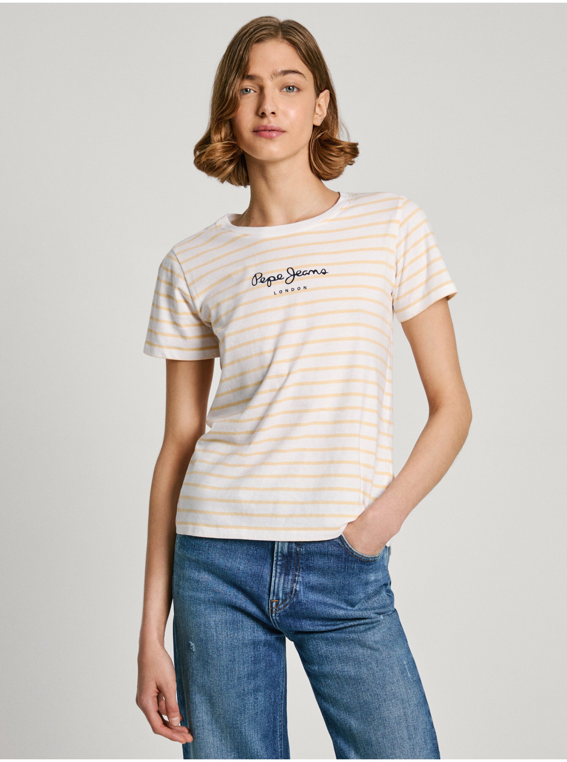 Levně Žluto-bílé dámské pruhované tričko Pepe Jeans