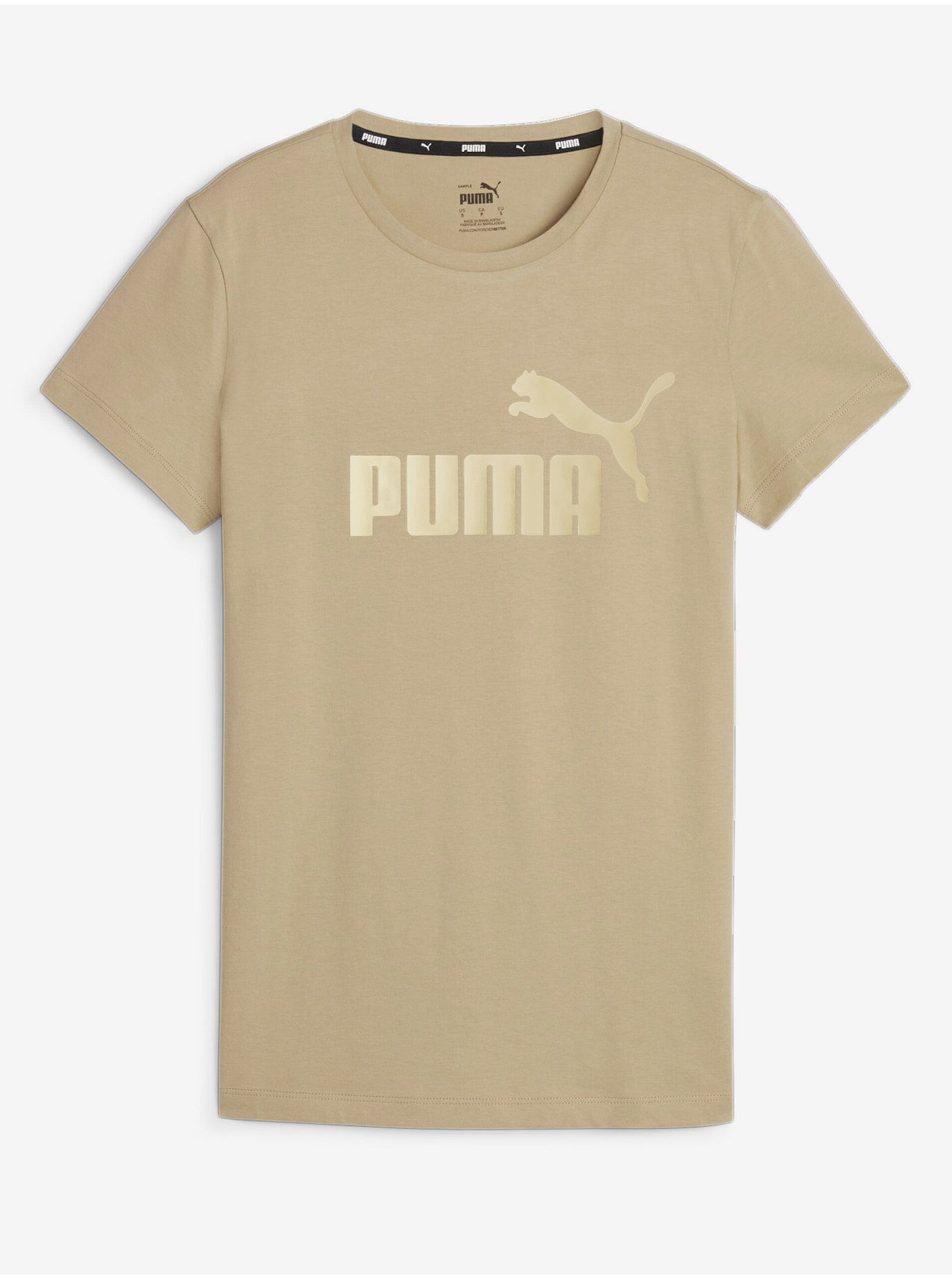 Levně Béžové dámské tričko Puma ESS+ Metallic Logo Tee
