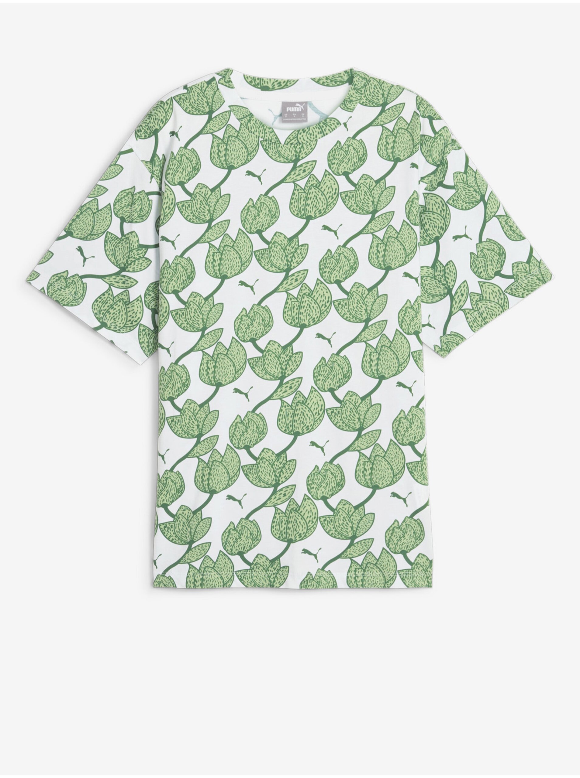 Levně Bílo-zelené dámské vzorované tričko Puma ESS+ Blossom AOP Tee