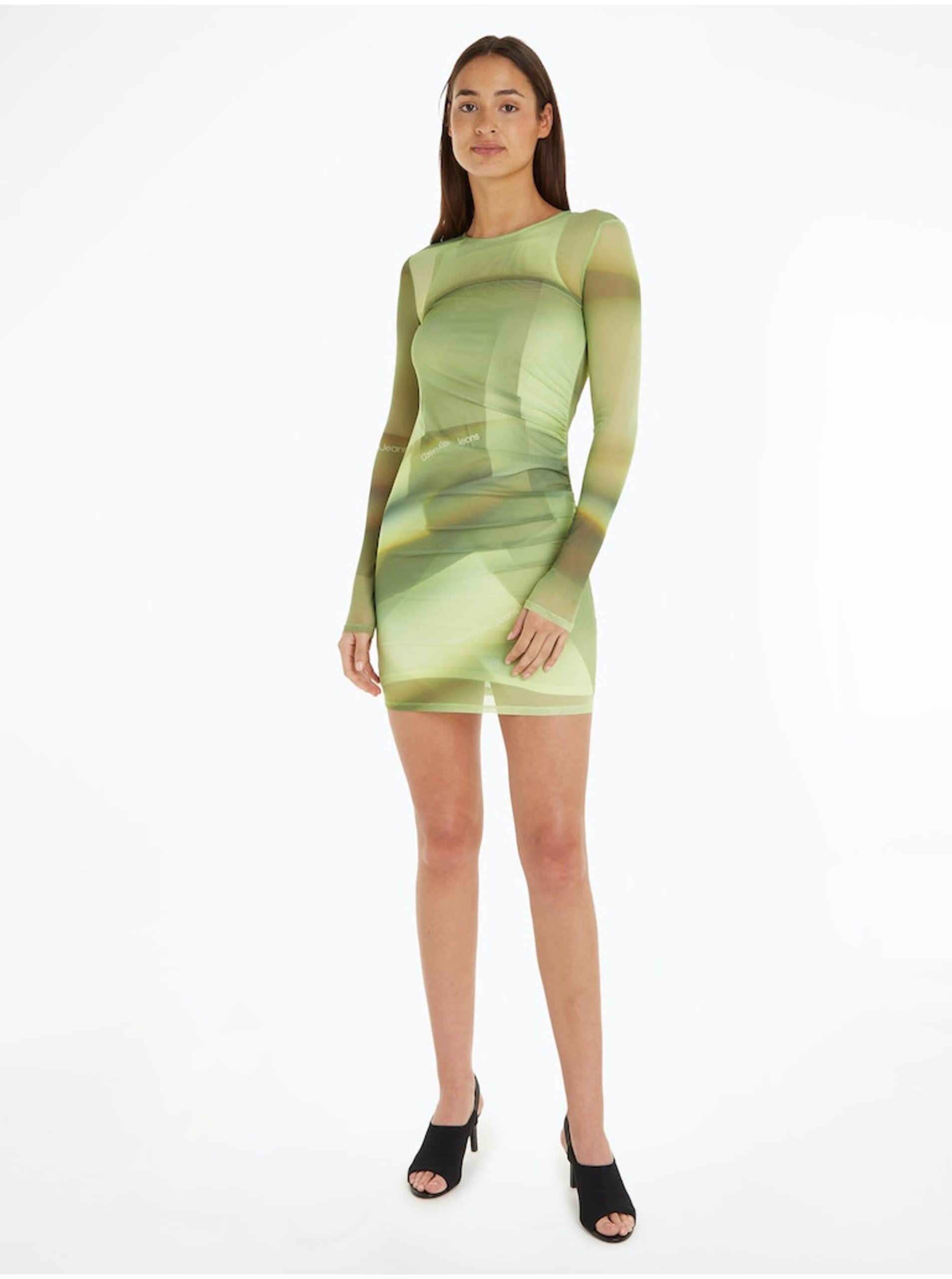 Levně Zelené dámské vzorované minišaty Calvin Klein Jeans Illuminated Mesh Dress