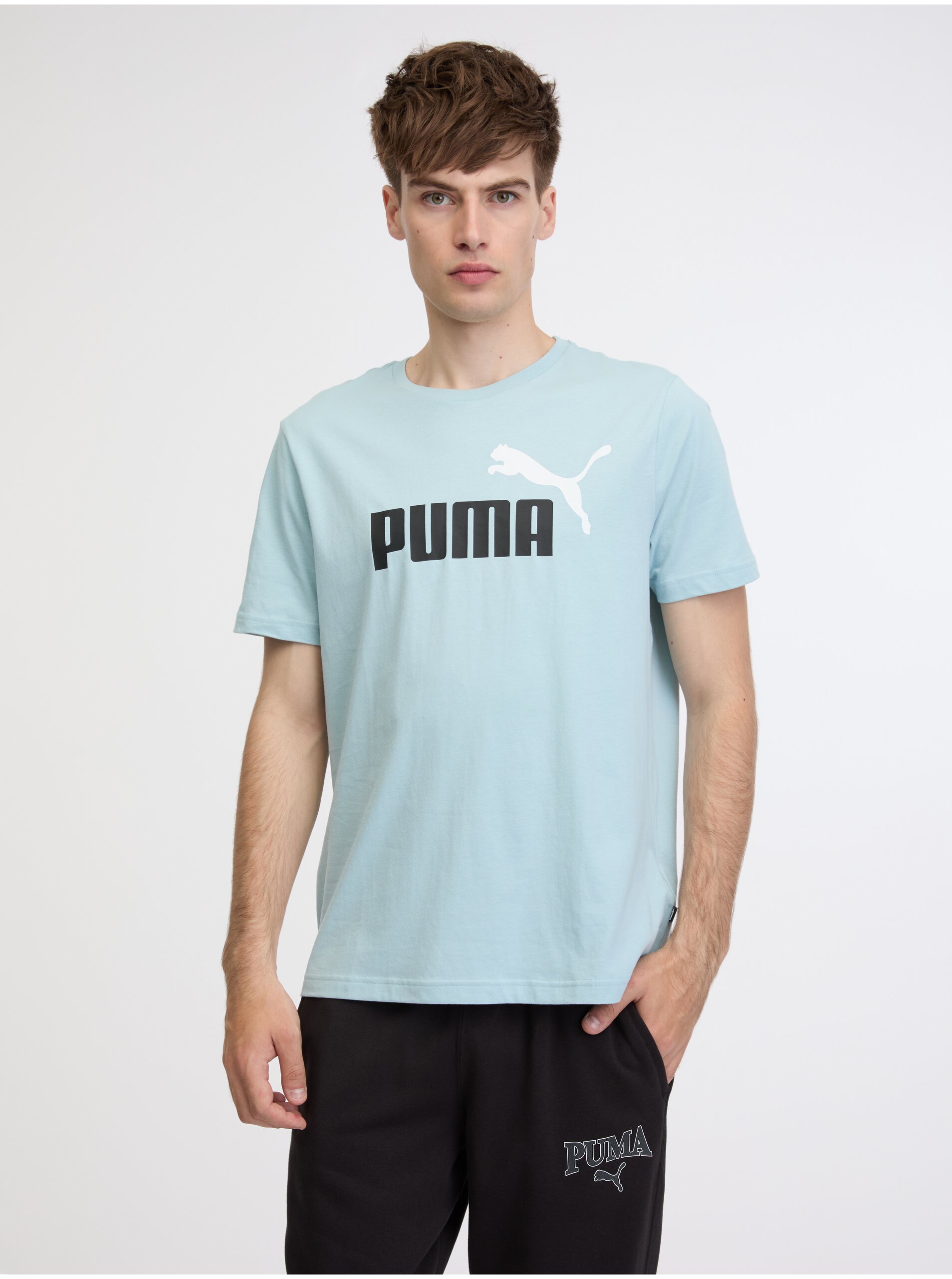 Levně Světle modré pánské tričko Puma ESS+ 2 Col Logo Tee