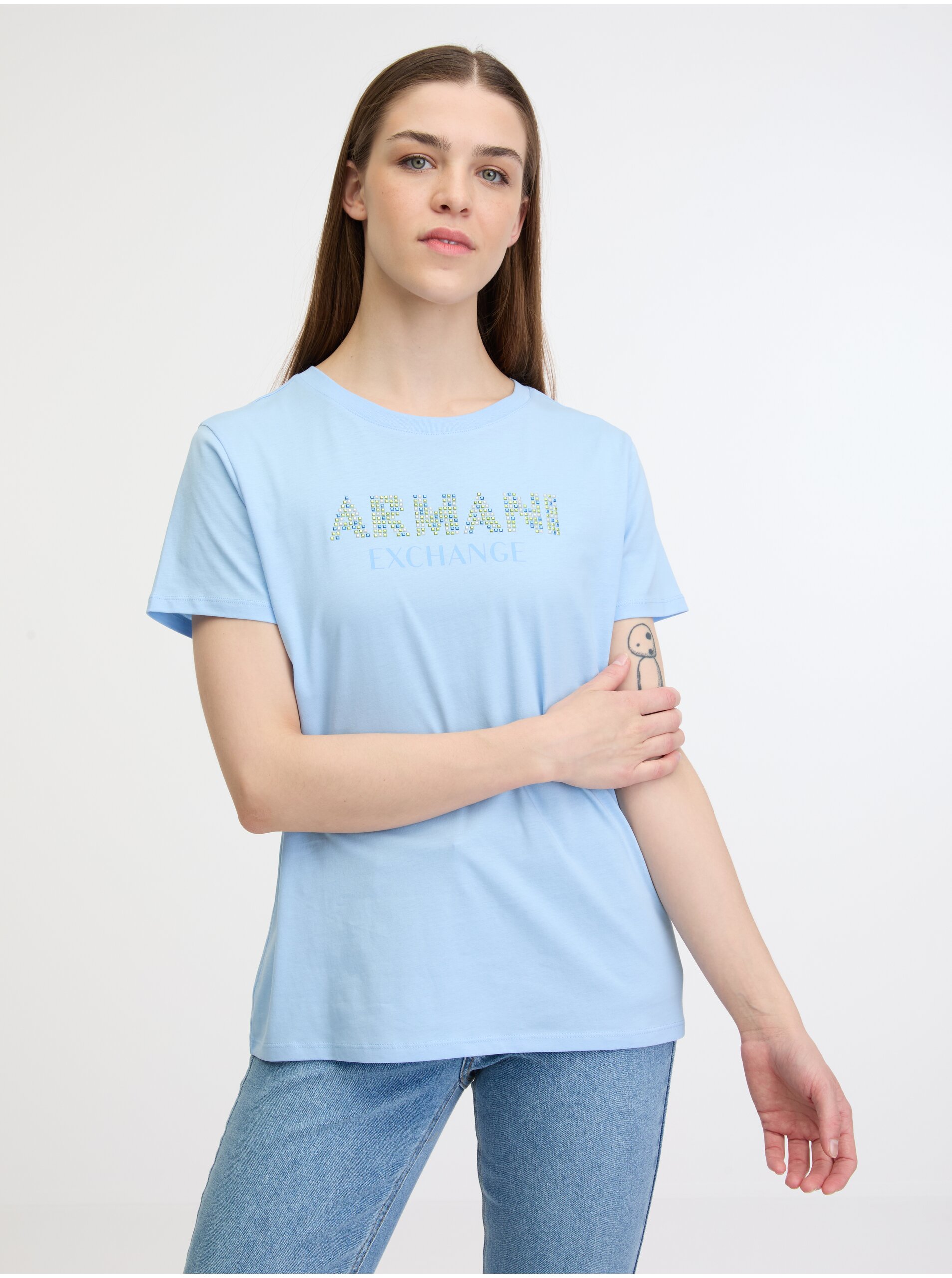 Levně Světle modré dámské tričko Armani Exchange