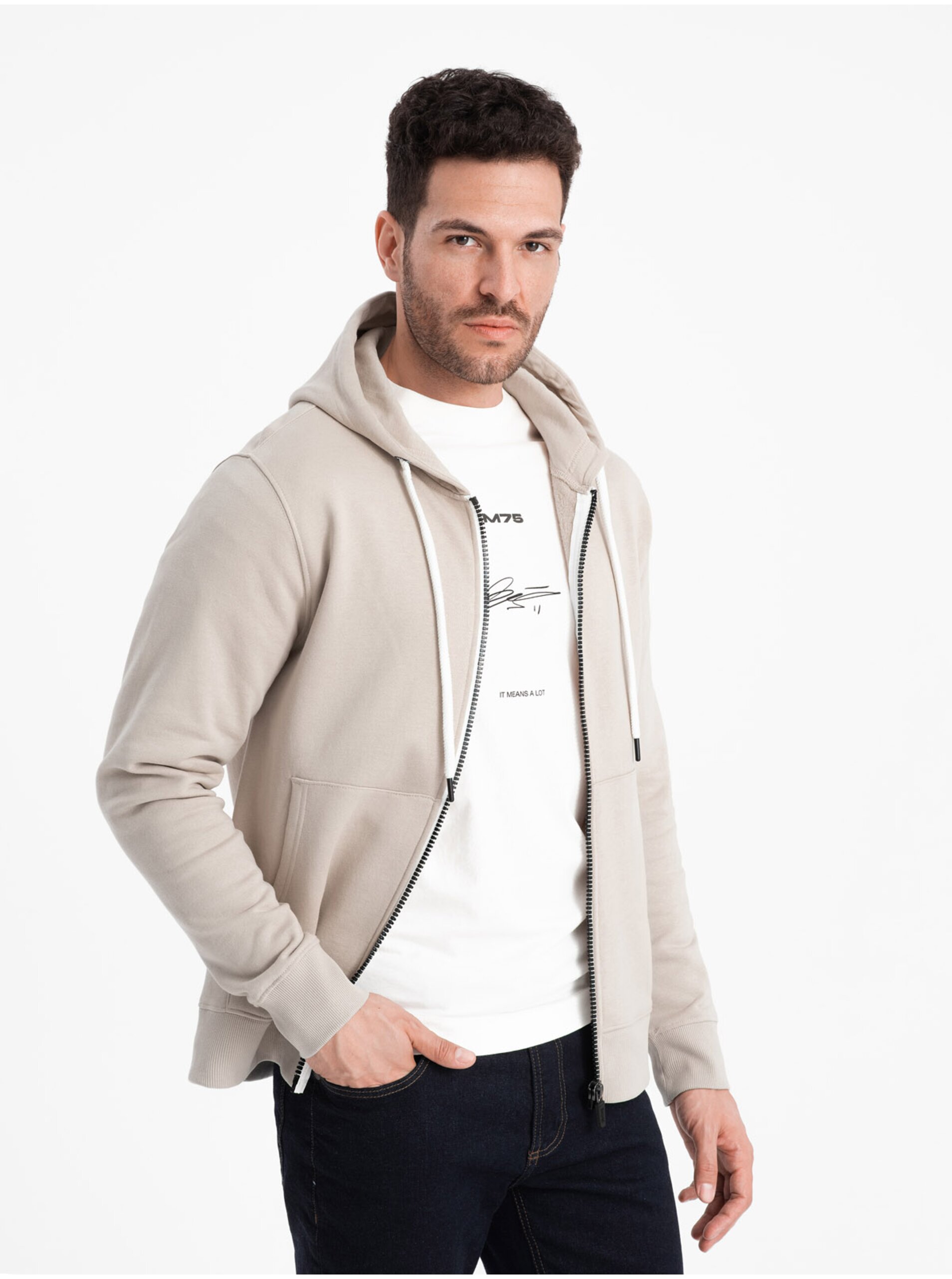 Levně Béžová pánská basic mikina na zip s kapucí Ombre Clothing