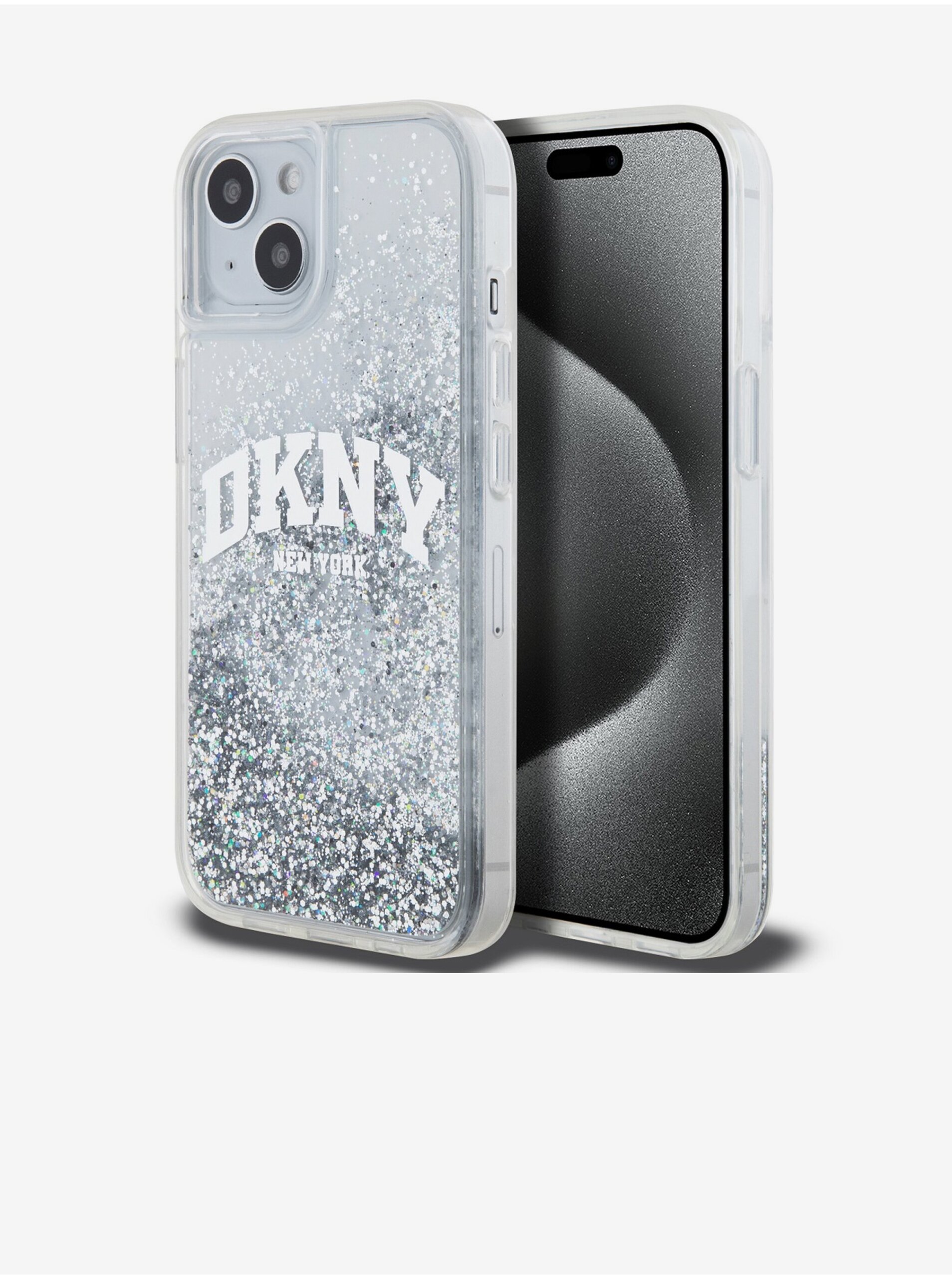 Levně Liquid Glitter Arch Logo Zadní Kryt pro iPhone 15 Transparent DKNY