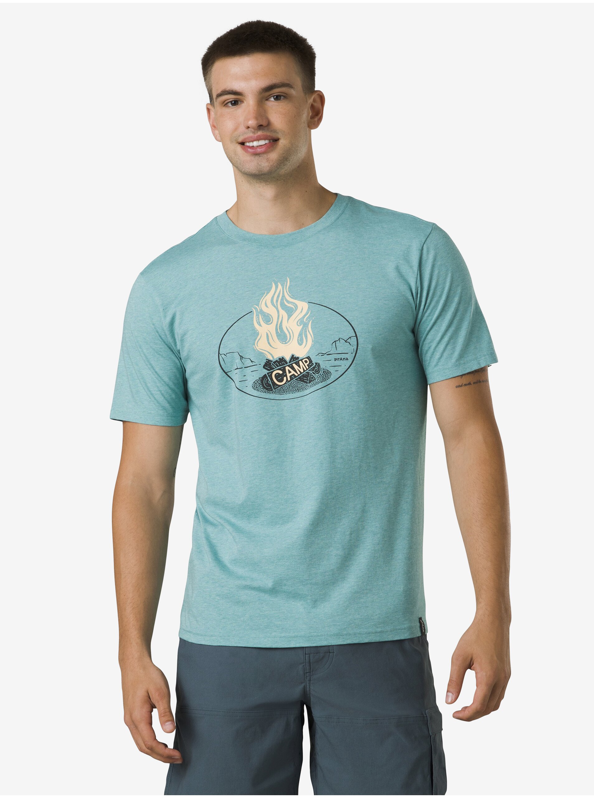 Levně Tyrkysové pánské tričko prAna Camp Fire Journeyman 2
