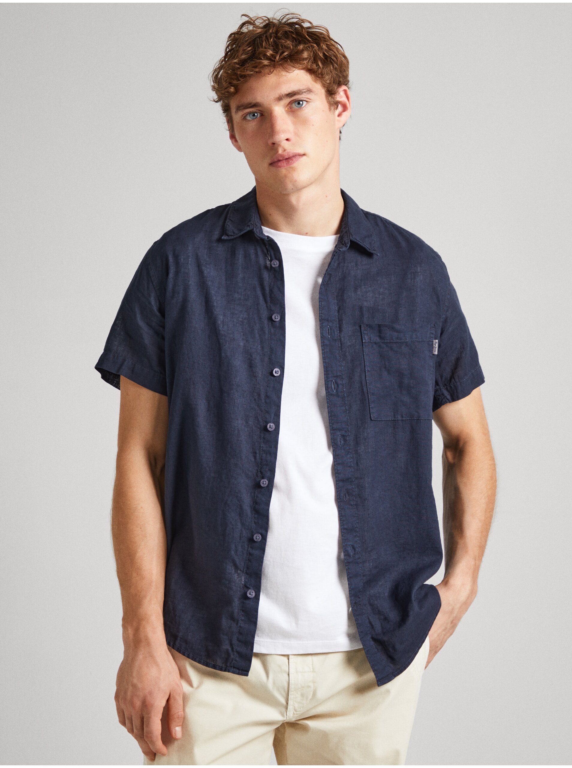 Tmavě modrá pánská lněná košile s krátkým rukávem Pepe Jeans