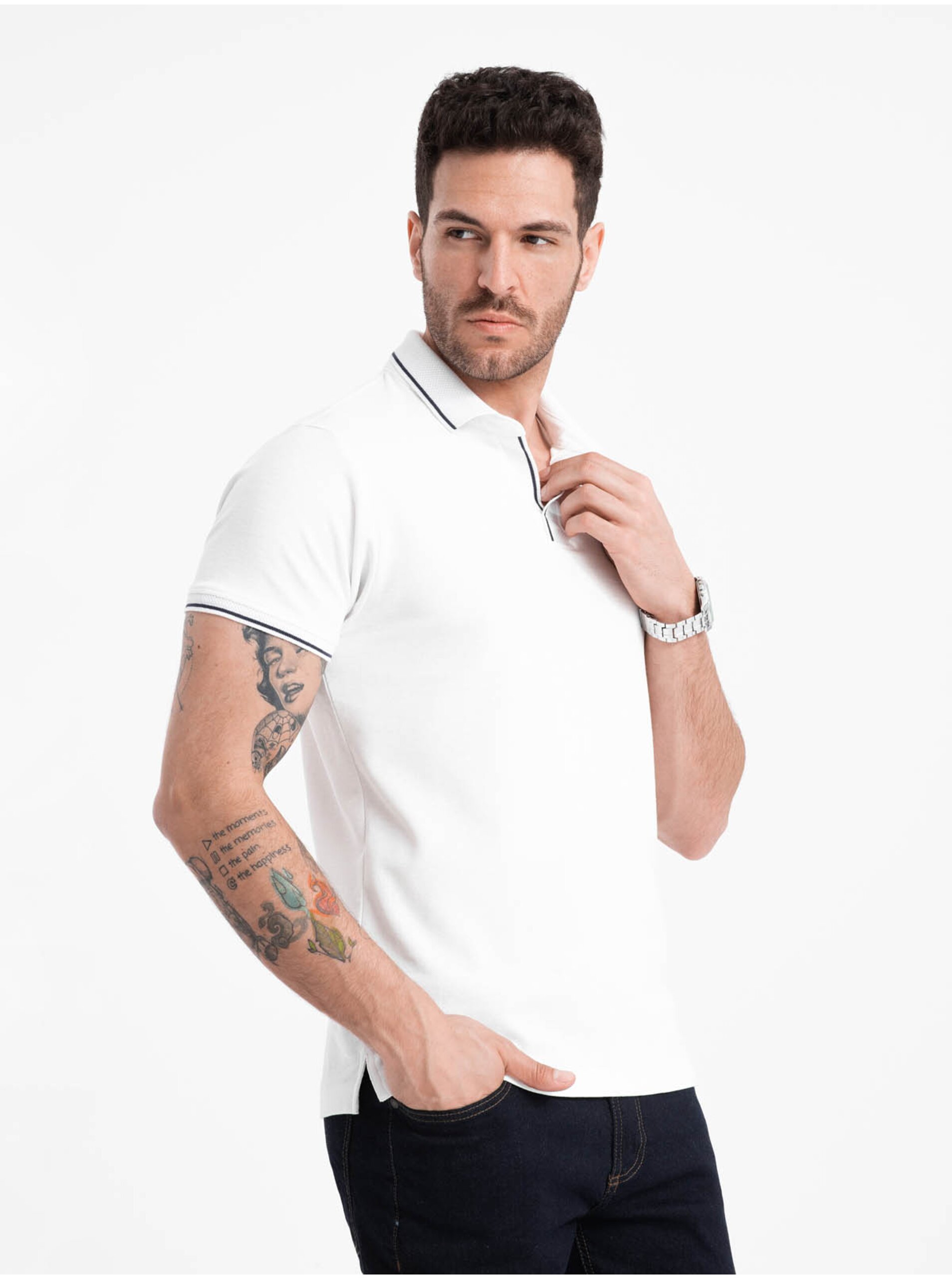 Levně Bílé pánské polo tričko bez knoflíků Ombre Clothing