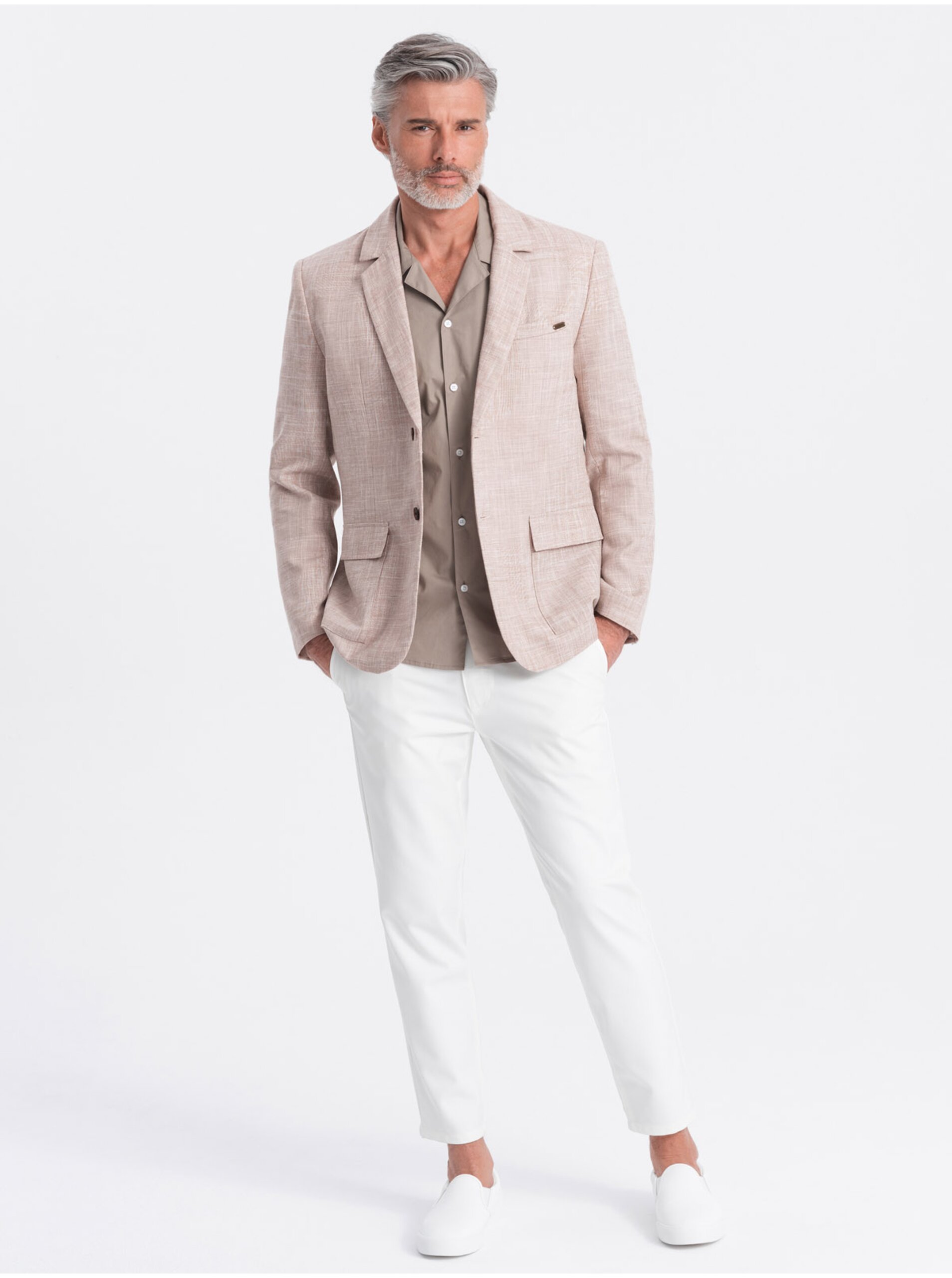 Pánské sako REGULAR střihu s plátnem - světle béžové V2 OM-BLZB-0128 Ombre Clothing