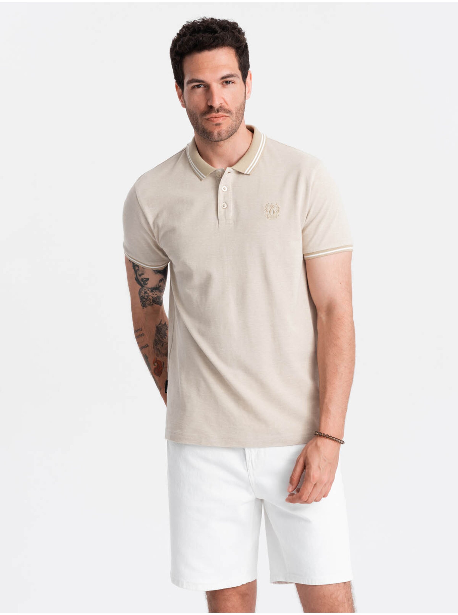 Levně Béžové pánské žíhané polo tričko Ombre Clothing