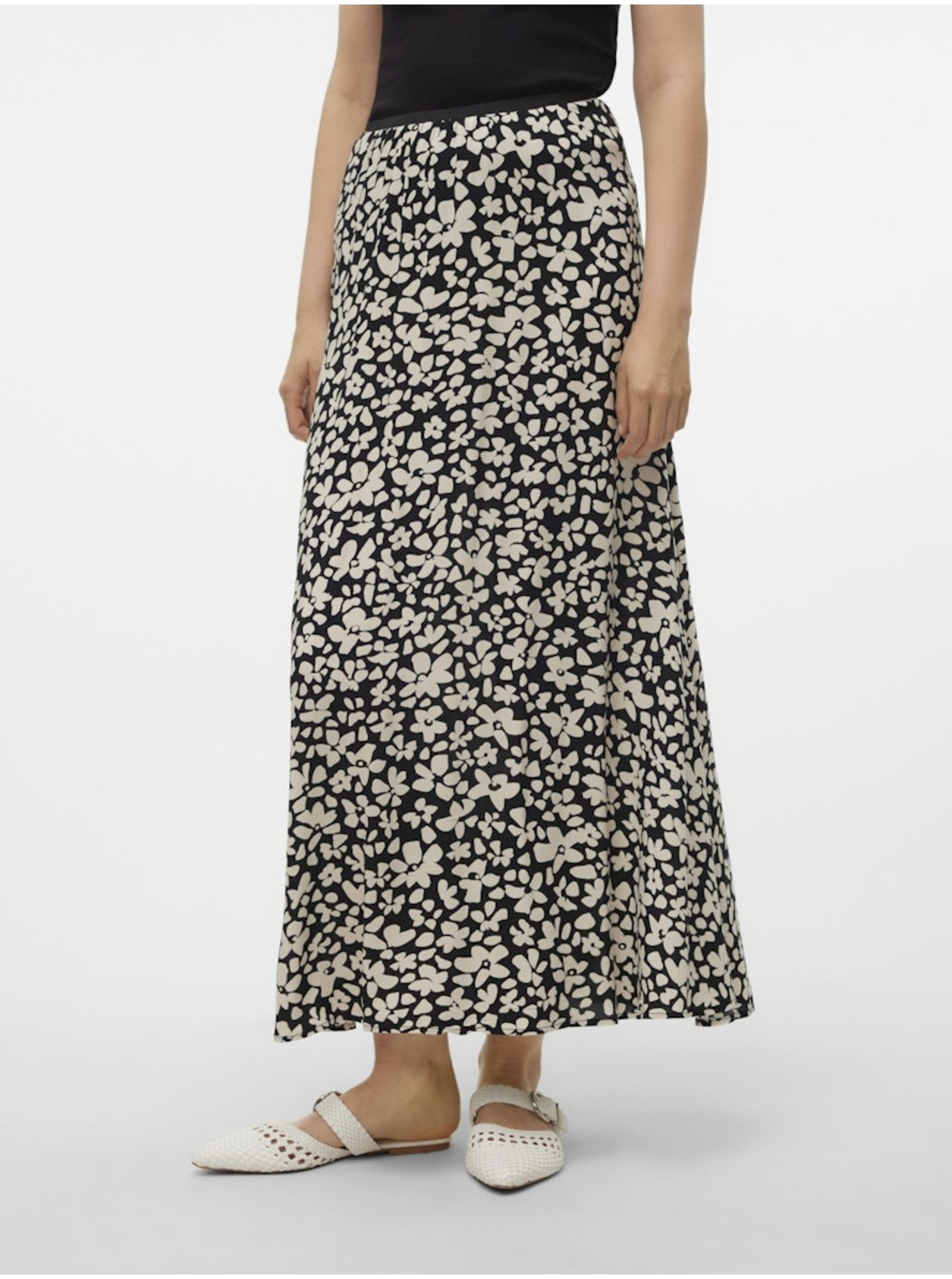 Krémovo-černá dámská květovaná maxi sukně Vero Moda Alba