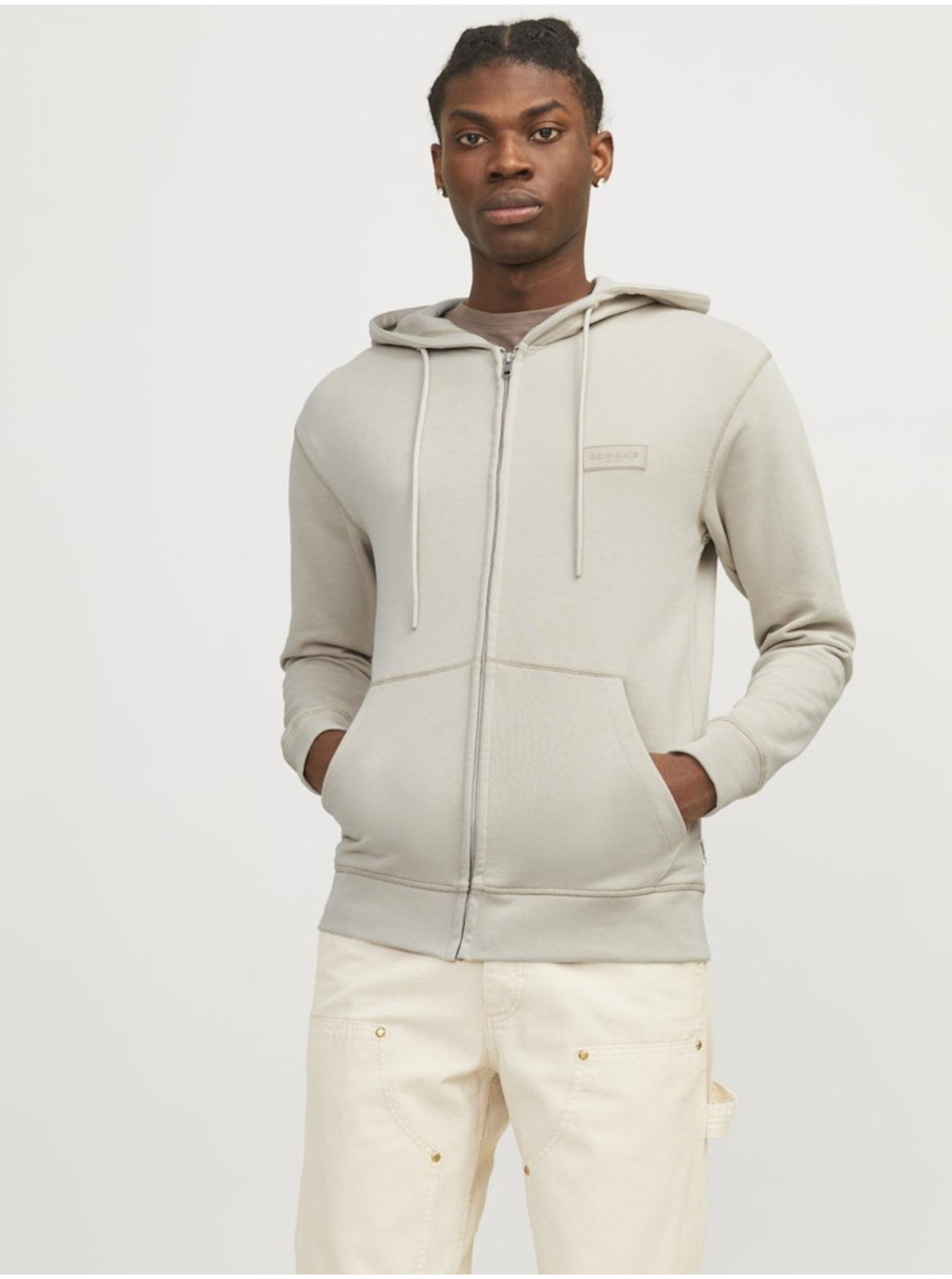 Levně Béžová pánská mikina na zip s kapucí Jack & Jones Faded
