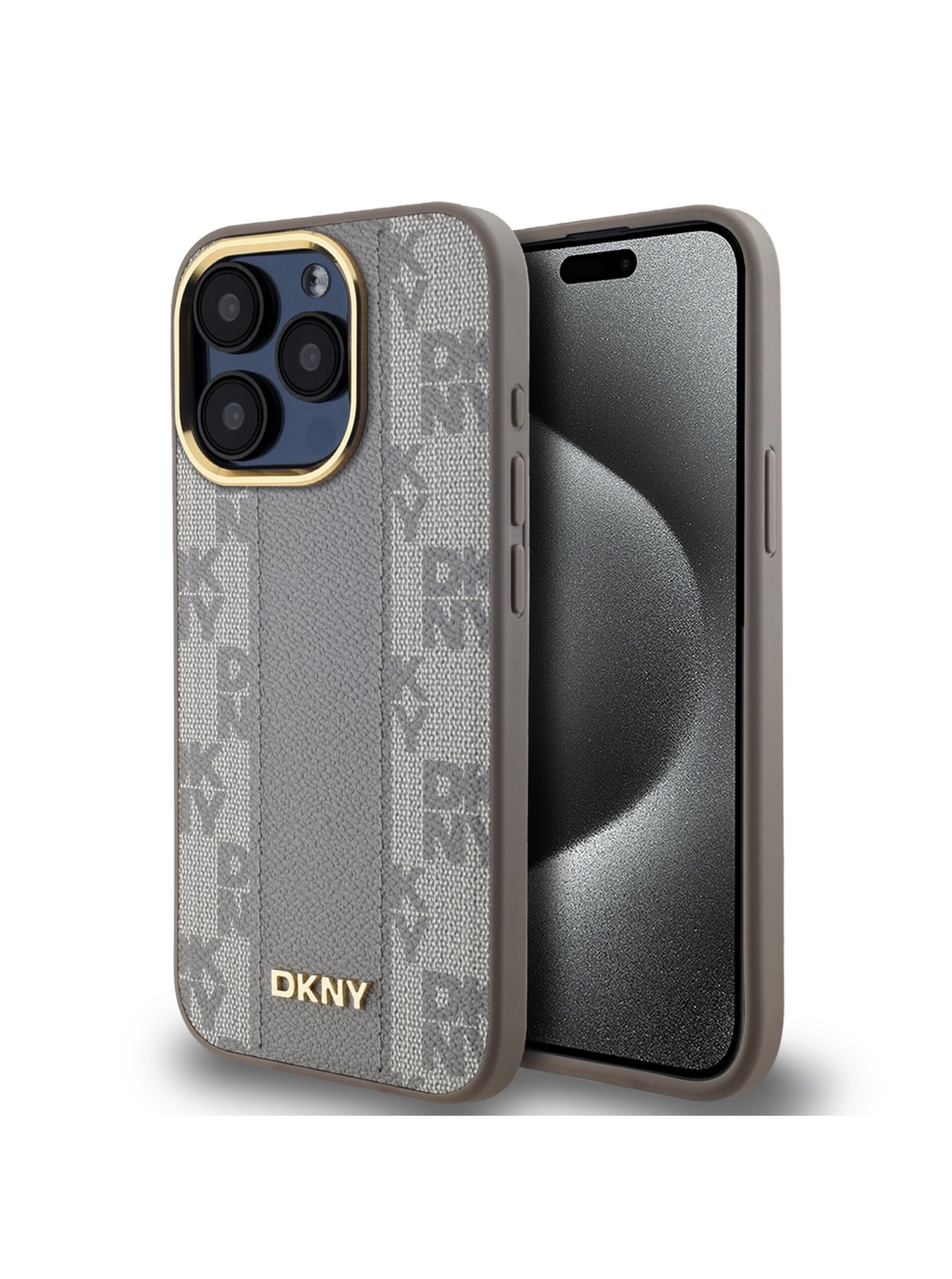 Levně PU Leather Checkered Pattern Magsafe Zadní Kryt pro iPhone 15 Pro Beige DKNY