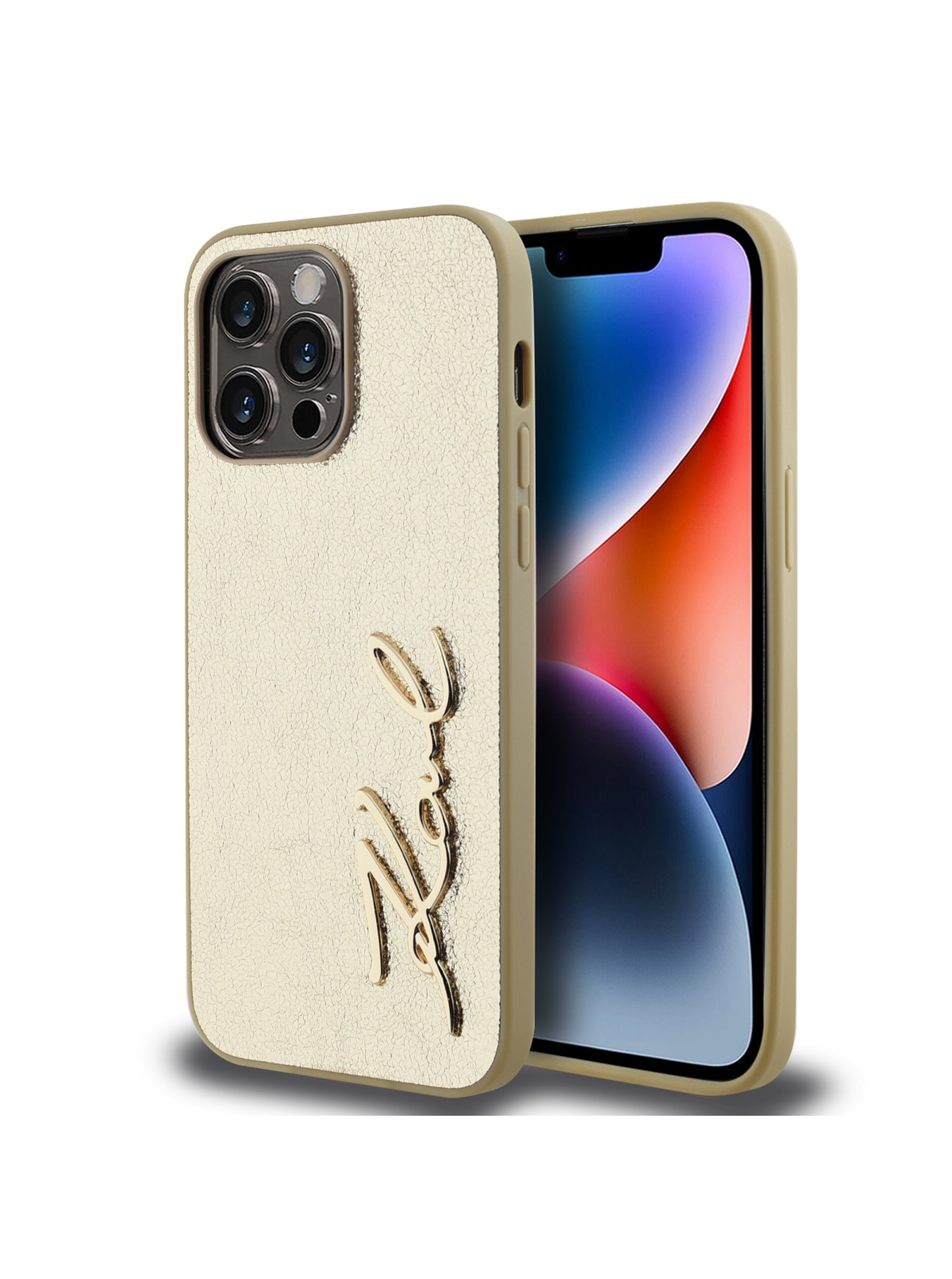 Wrinkled PU Signature Logo Zadní Kryt pro iPhone 14 Pro Max Gold Karl Lagerfeld