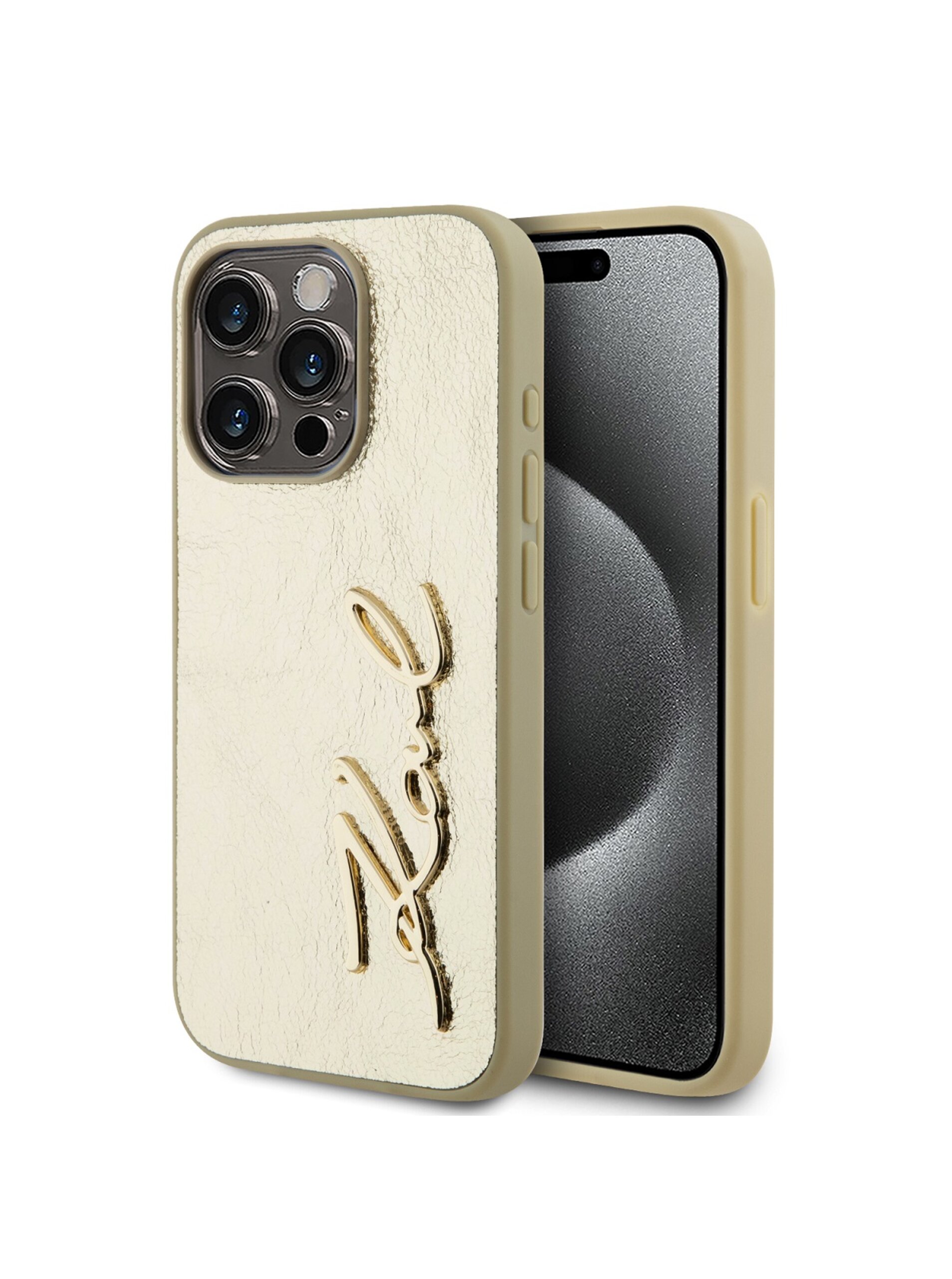 Levně Wrinkled PU Signature Logo Zadní Kryt pro iPhone 15 Pro Gold Karl Lagerfeld