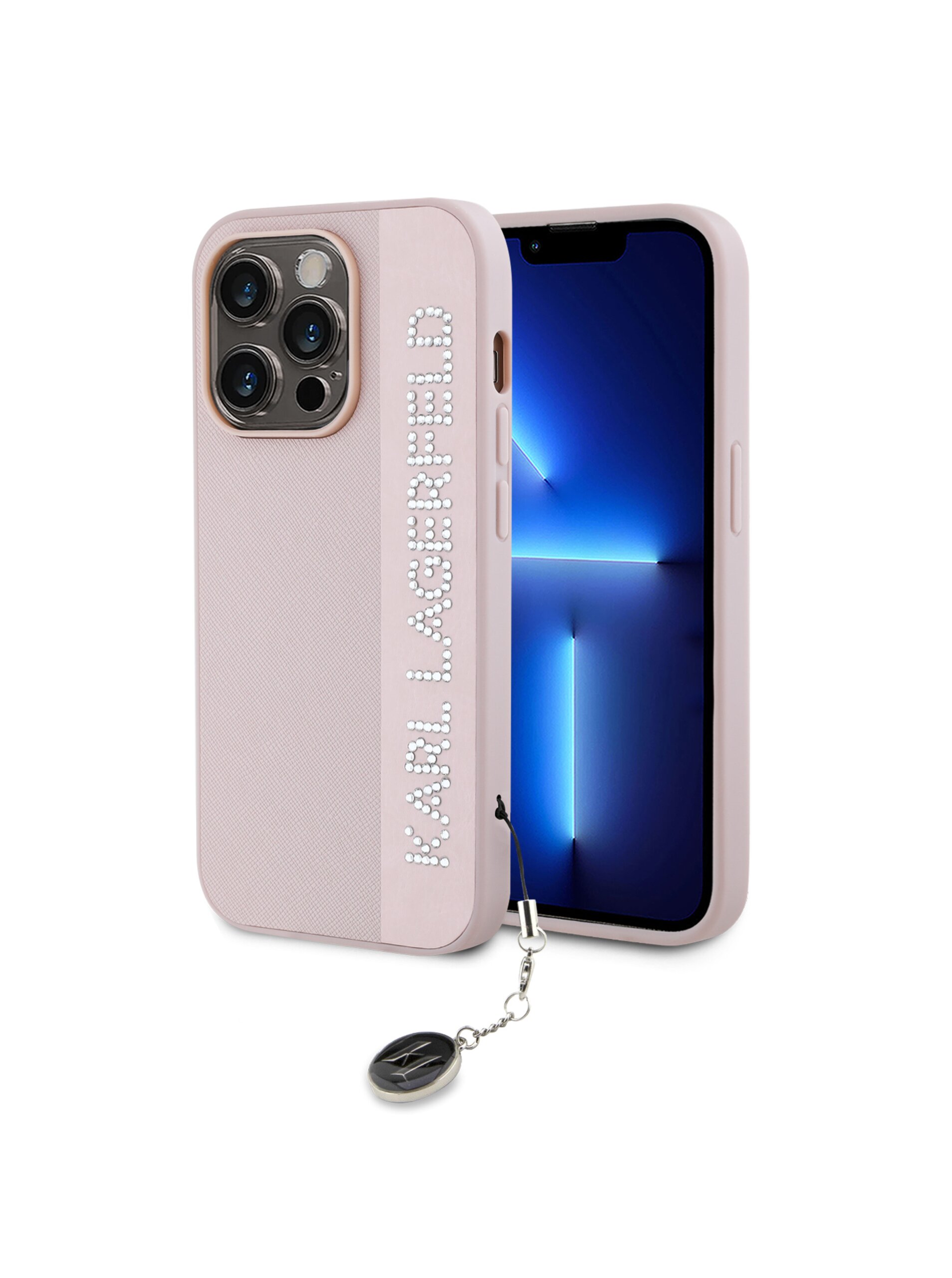 Levně Karl Lagerfeld PU Saffiano Rhinestone Charm Zadní Kryt pro iPhone 14 Pro Max Pink