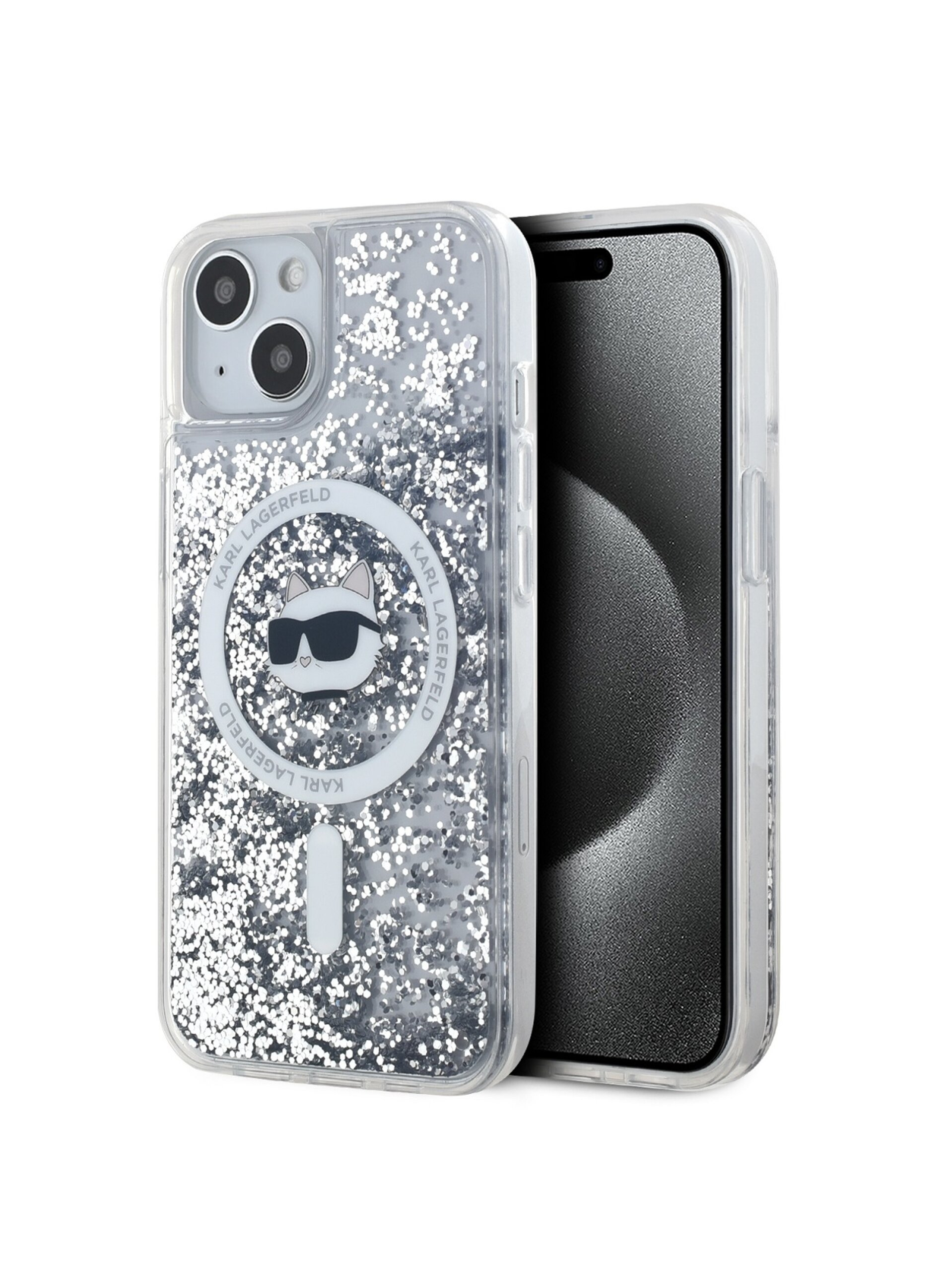 Karl Lagerfeld Liquid Glitter Choupette Head Magsafe Zadní Kryt pro iPhone 15 Transparent