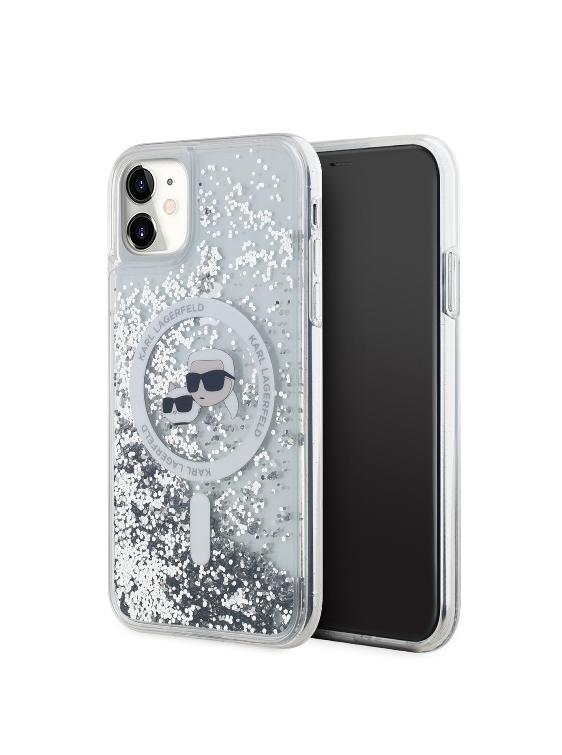 Levně Karl Lagerfeld Liquid Glitter Karl and Choupette Heads Magsafe Zadní Kryt pro iPhone 11 Transparent