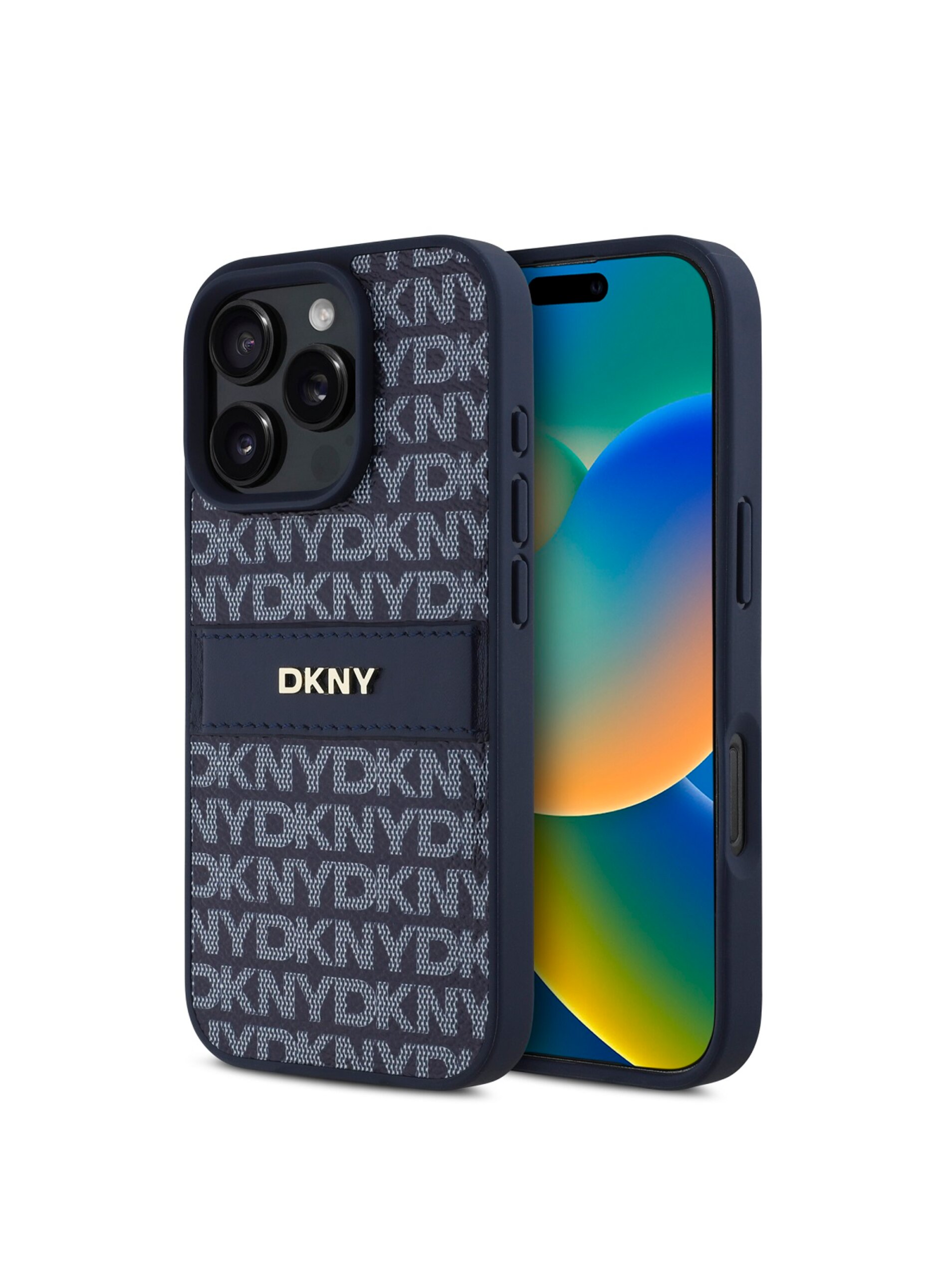 Levně DKNY PU Leather Repeat Pattern Tonal Stripe Zadní Kryt pro iPhone 16 Pro Blue