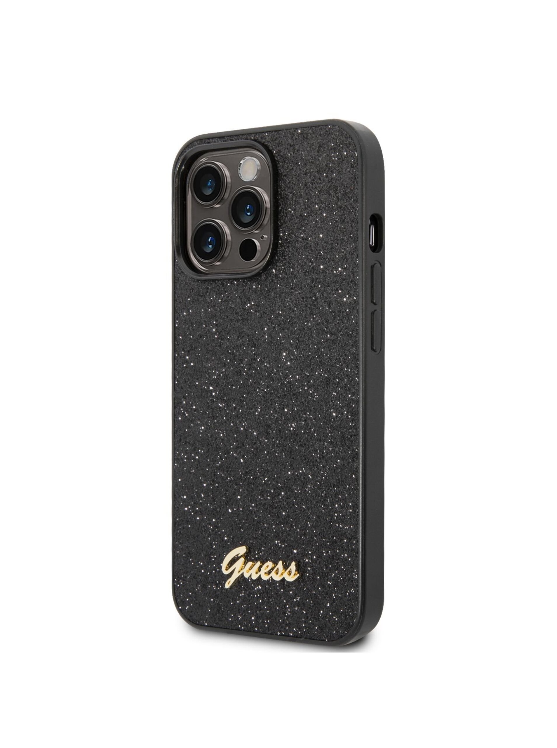 Lacno Guess PC/TPU Glitter Flakes Metal Logo Zadný Kryt pre iPhone 14 Pro Black