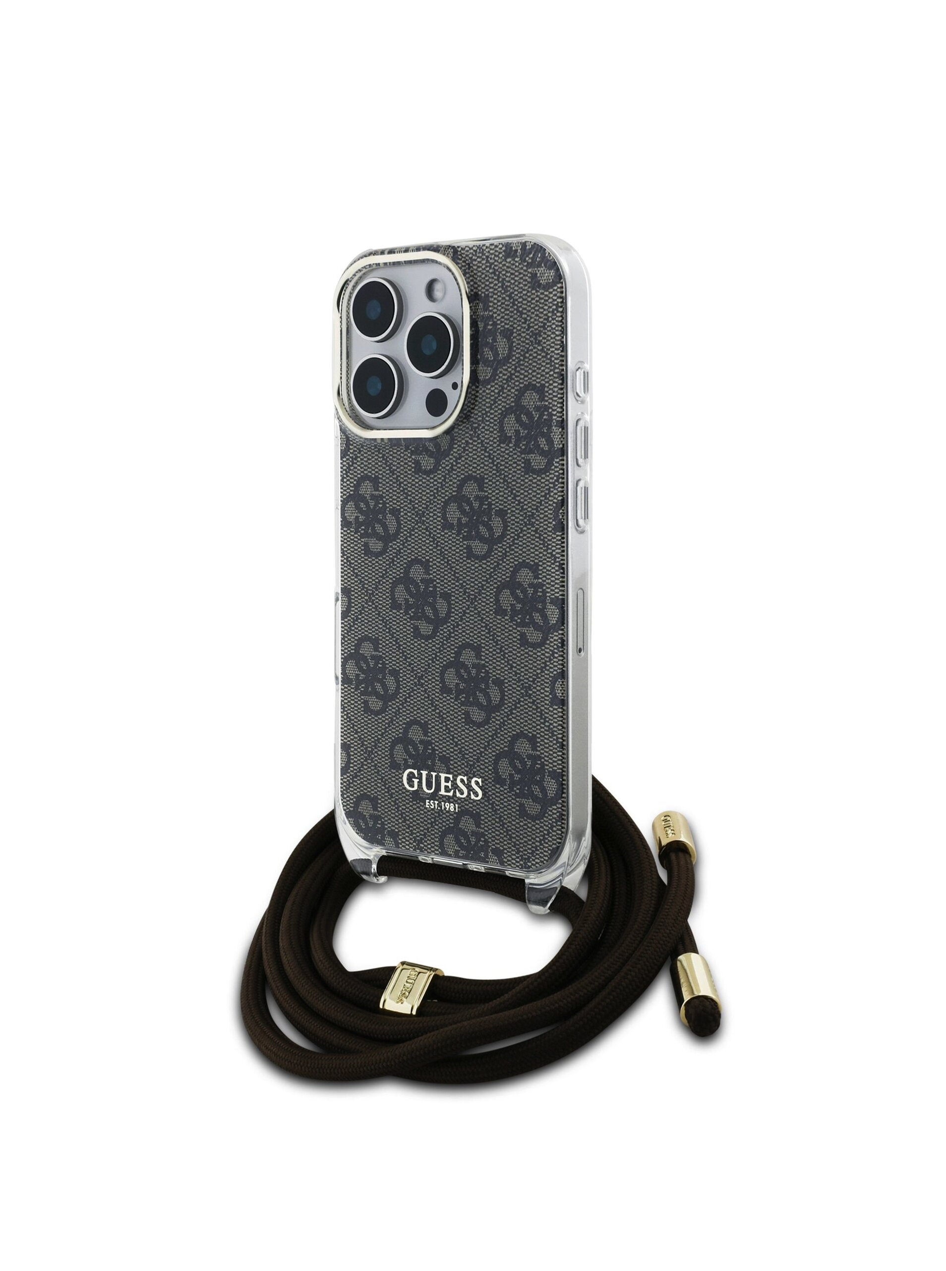 Levně Guess IML 4G Printed Crossbody Popruh Zadní Kryt pro iPhone 16 Pro Brown (Pošk. Balení)