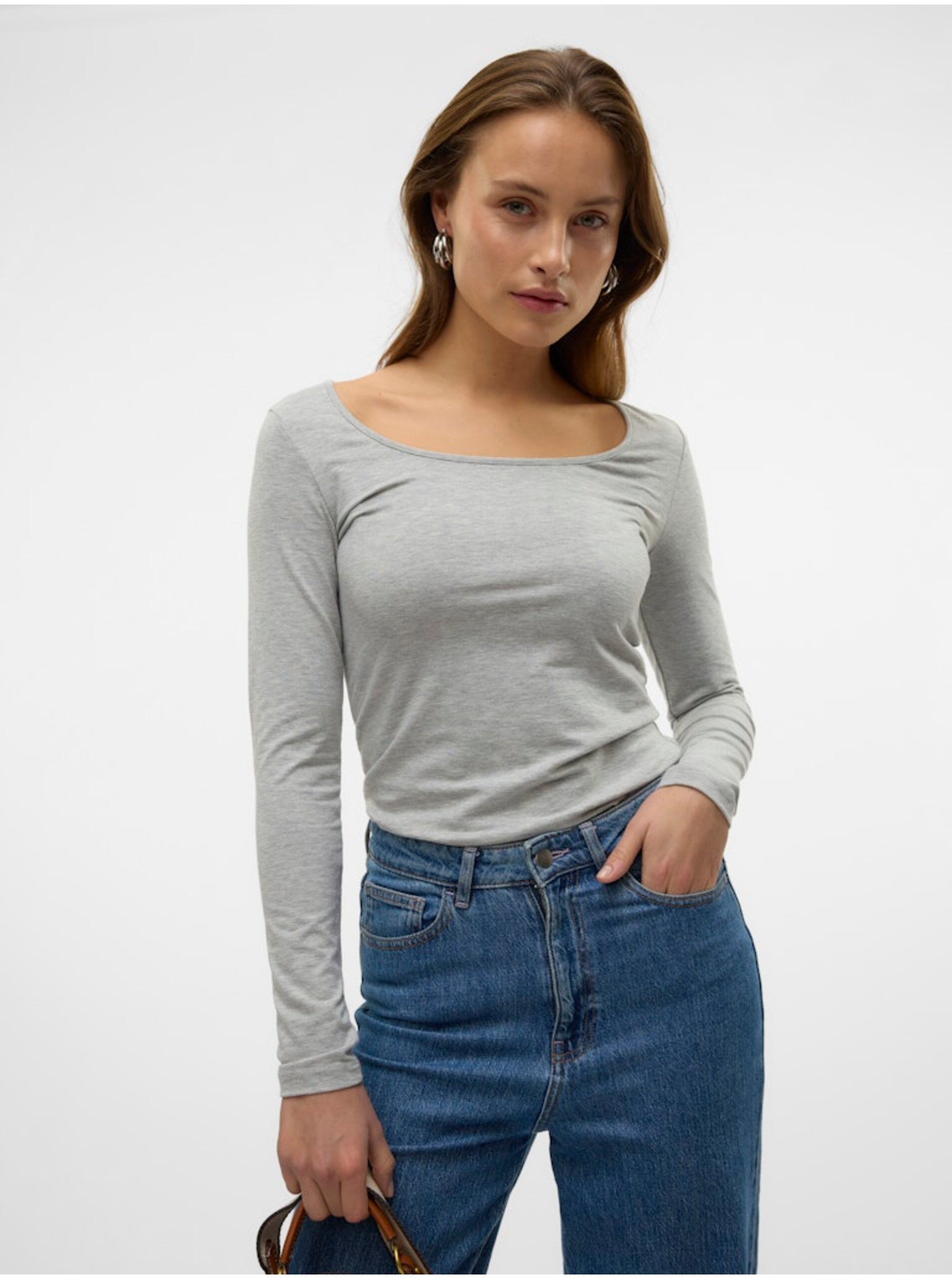 Šedé žíhané basic tričko s dlouhým rukávem VERO MODA Maxi