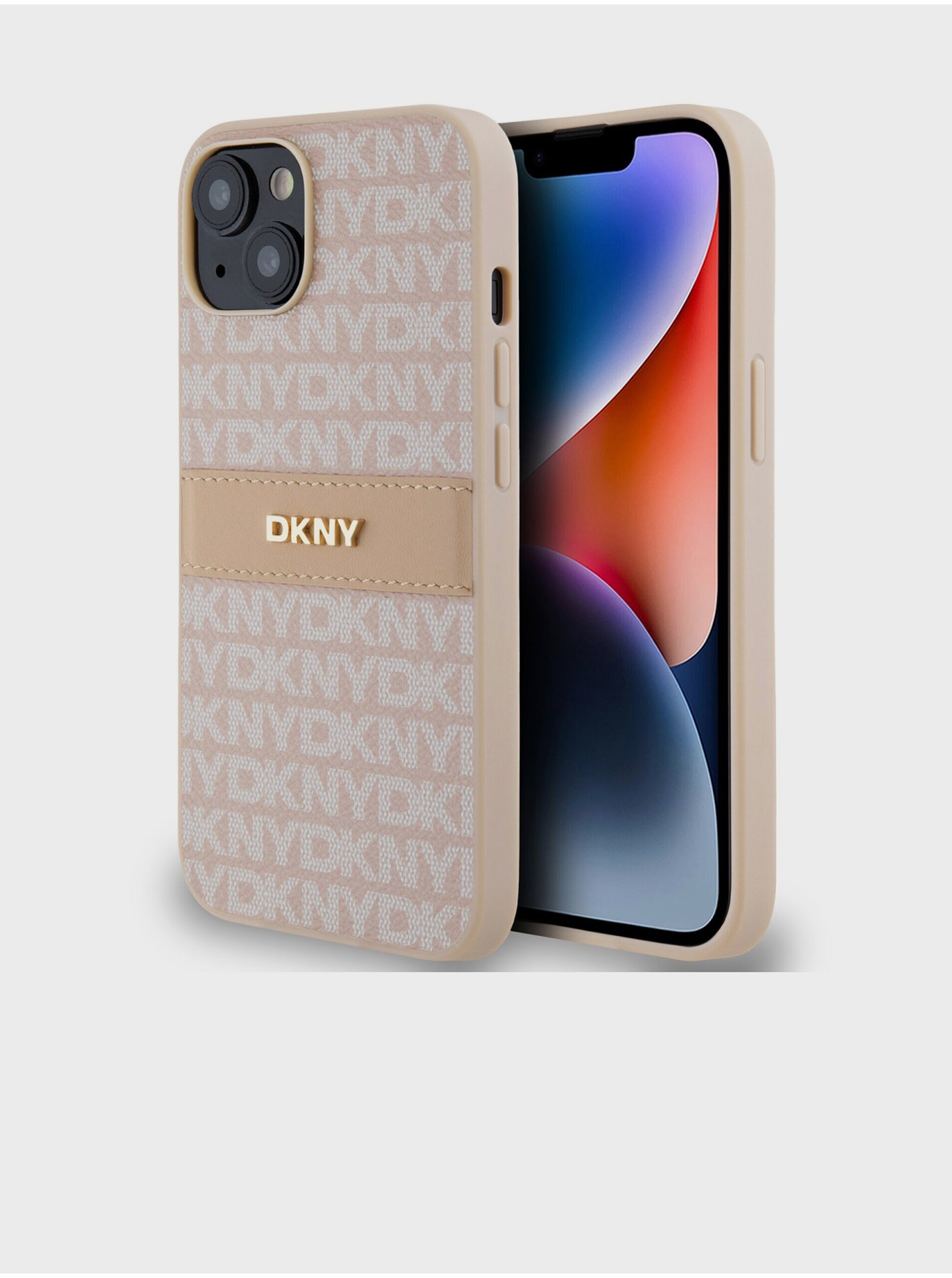 Zadní kryt DKNY PU Leather Repeat Pattern Tonal Stripe pro Apple iPhone 14, růžová