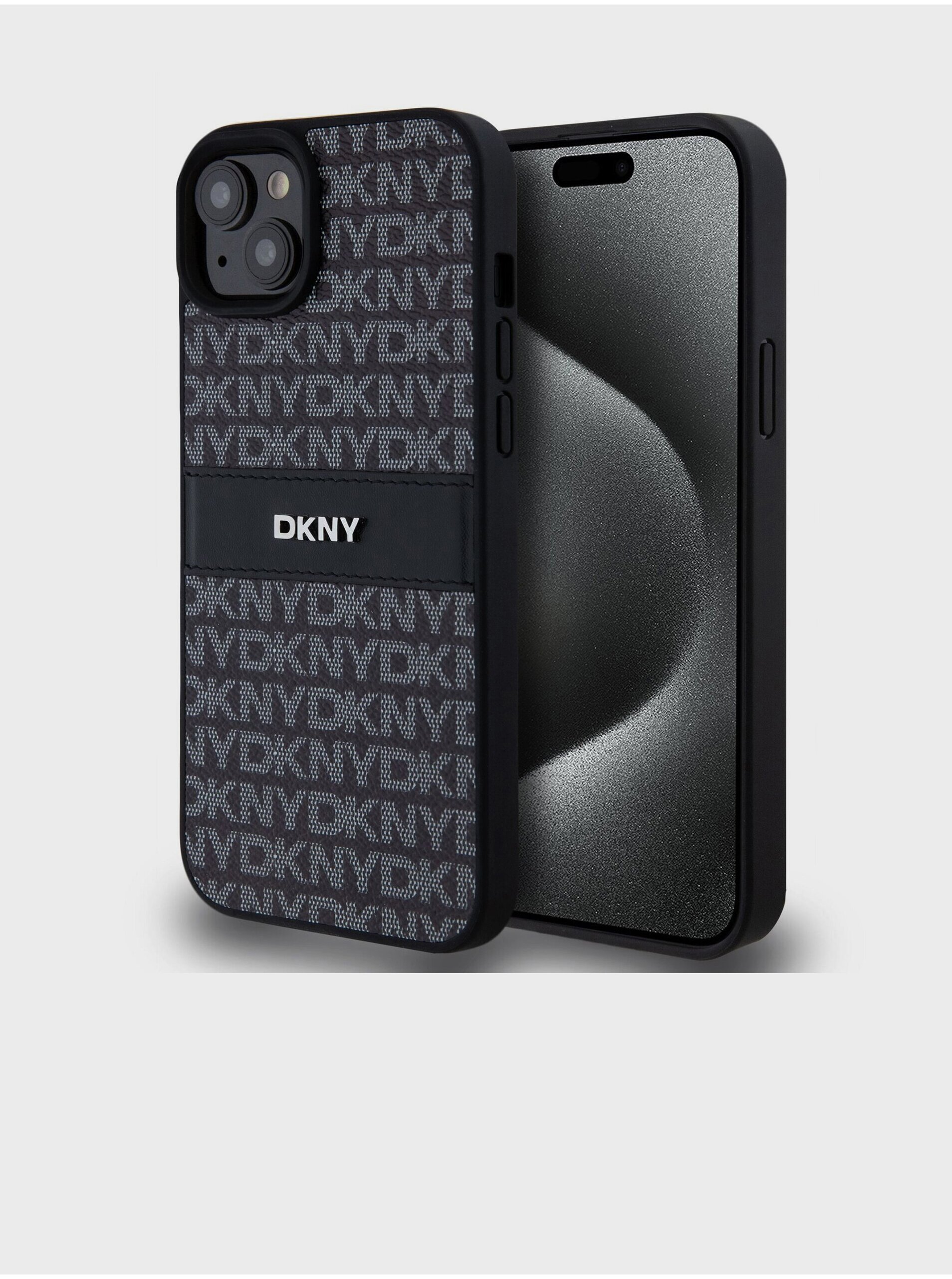 PU Leather Repeat Pattern Tonal Stripe Zadní Kryt pro iPhone 15 Plus Black DKNY