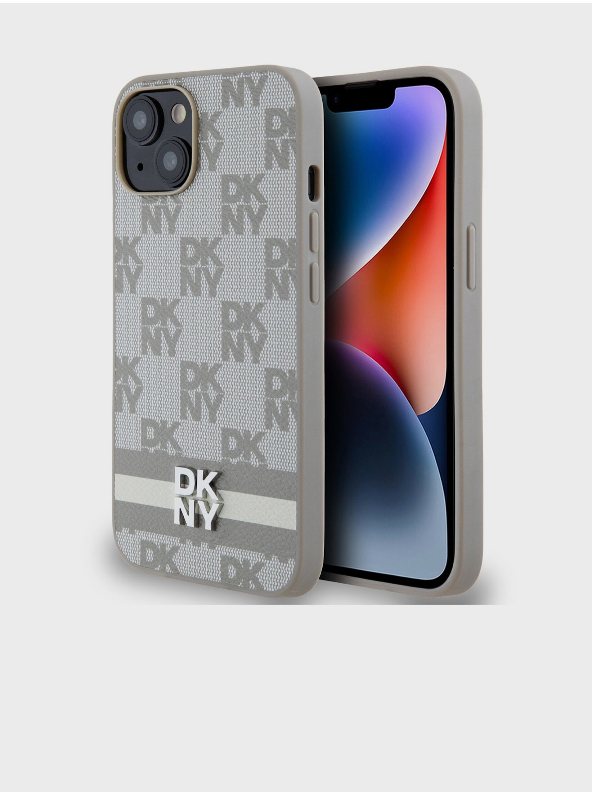 PU Leather Checkered Pattern and Stripe Zadní Kryt pro iPhone 15 Beige DKNY